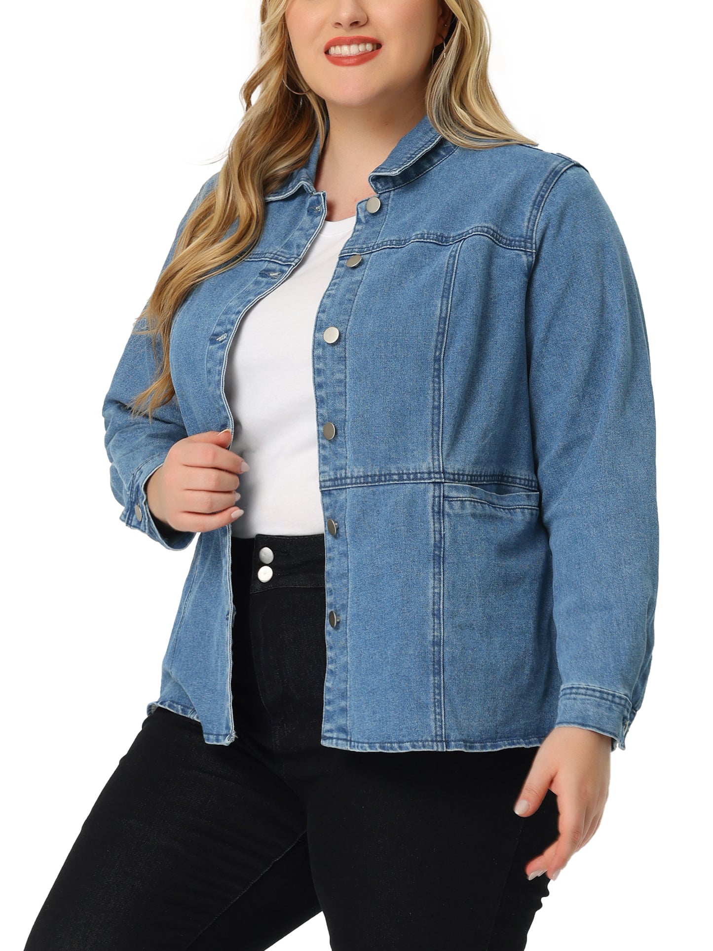Women's Plus Size Denim Jackets Long Sleeves Front Washed Button With Pockets Jean Jacket