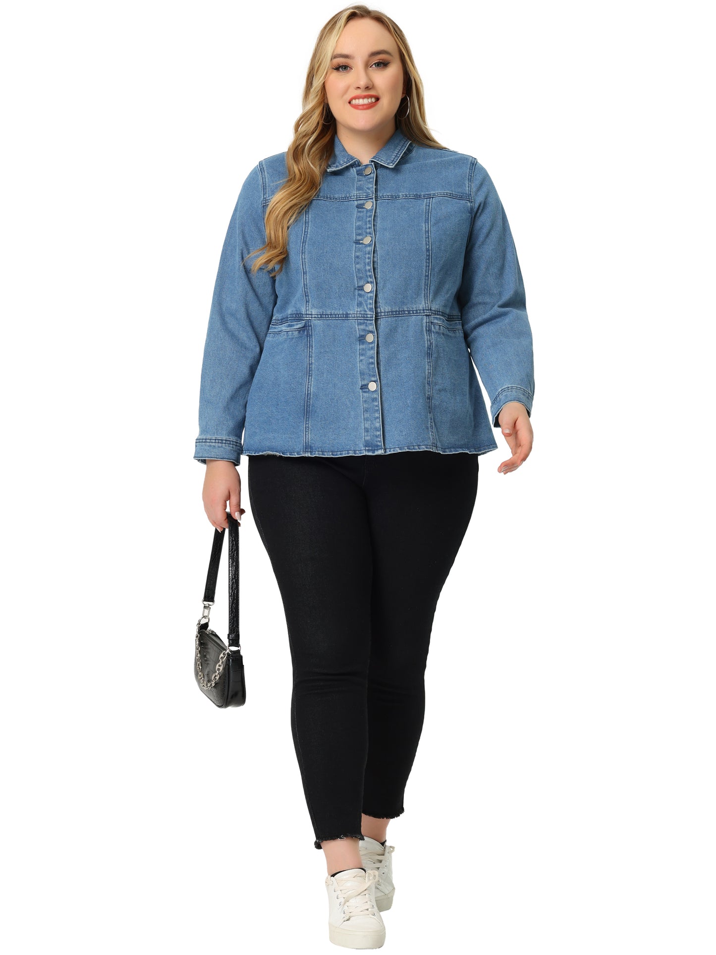 Women's Plus Size Denim Jackets Long Sleeves Front Washed Button With Pockets Jean Jacket