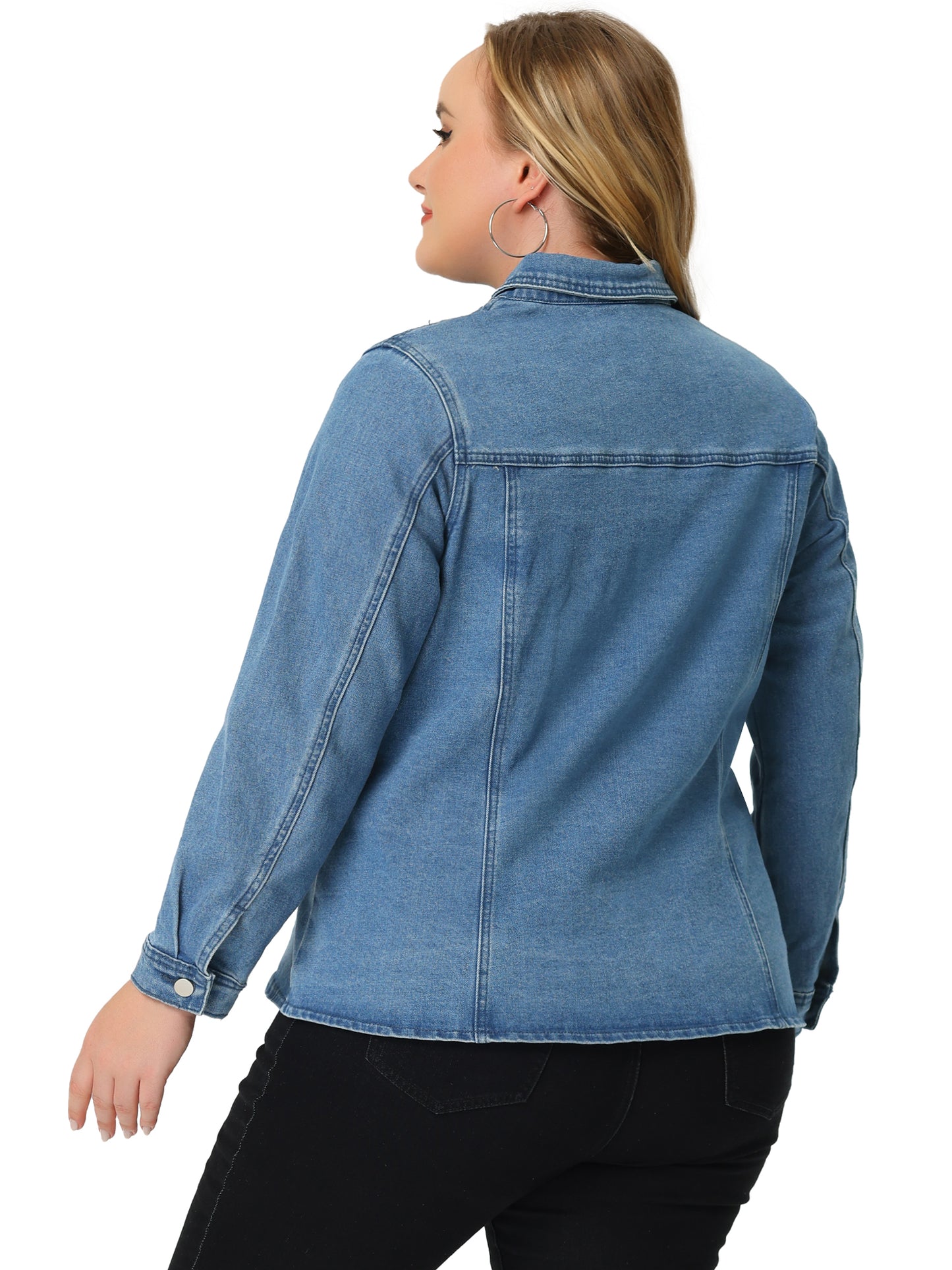 Women's Plus Size Denim Jackets Long Sleeves Front Washed Button With Pockets Jean Jacket