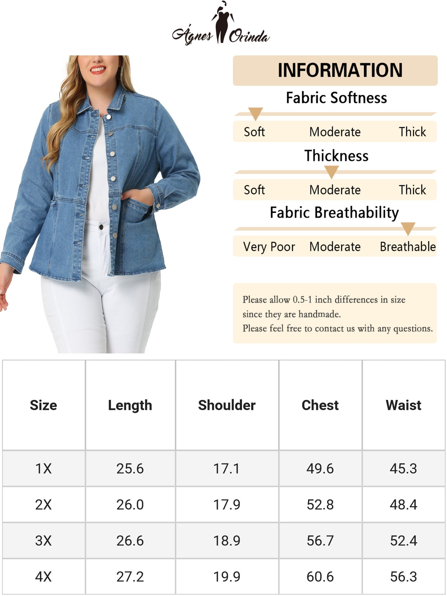 Women's Plus Size Denim Jackets Long Sleeves Front Washed Button With Pockets Jean Jacket