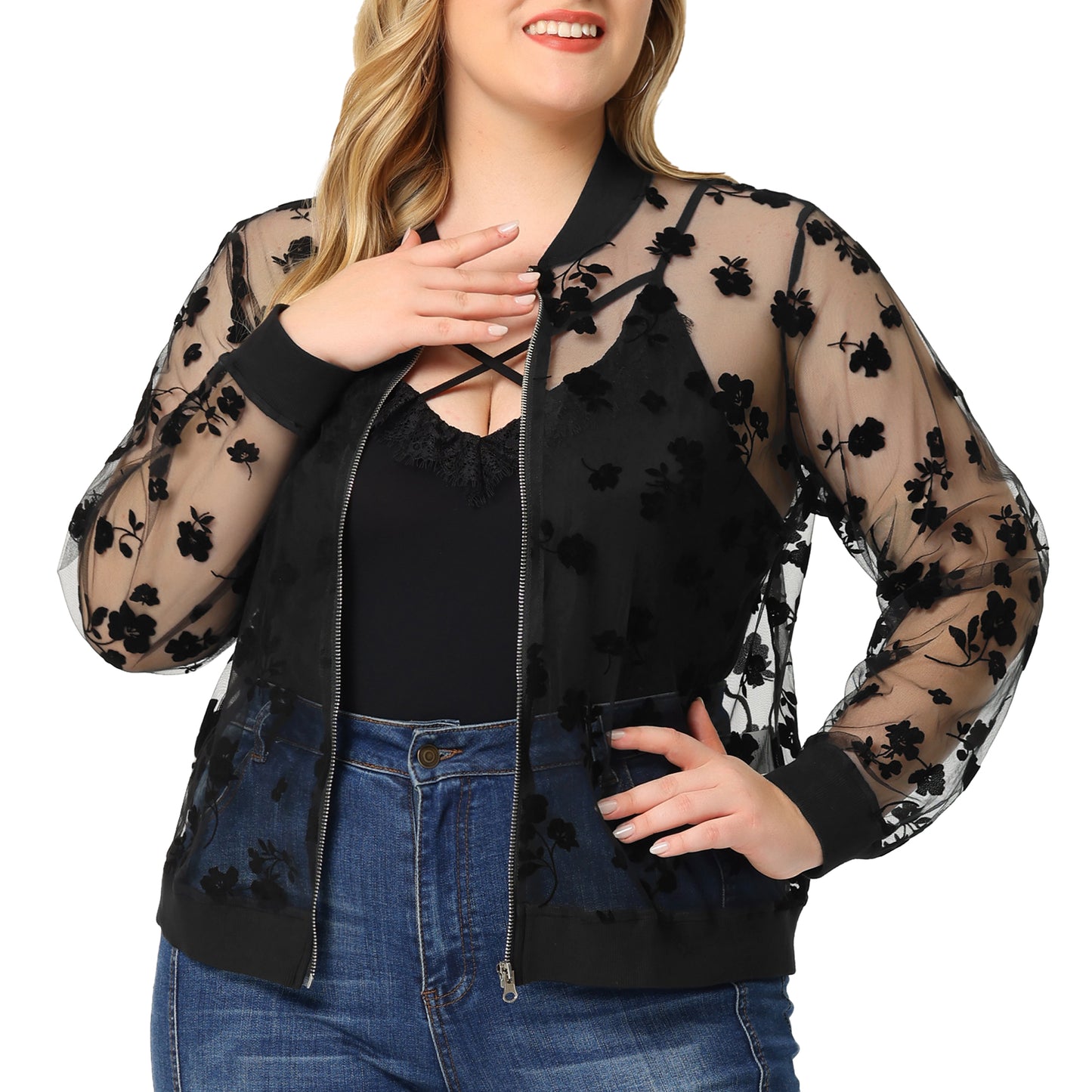 Women Plus Size Jacket Sheer Floral Lace Long Sleeve Baseball Jacket