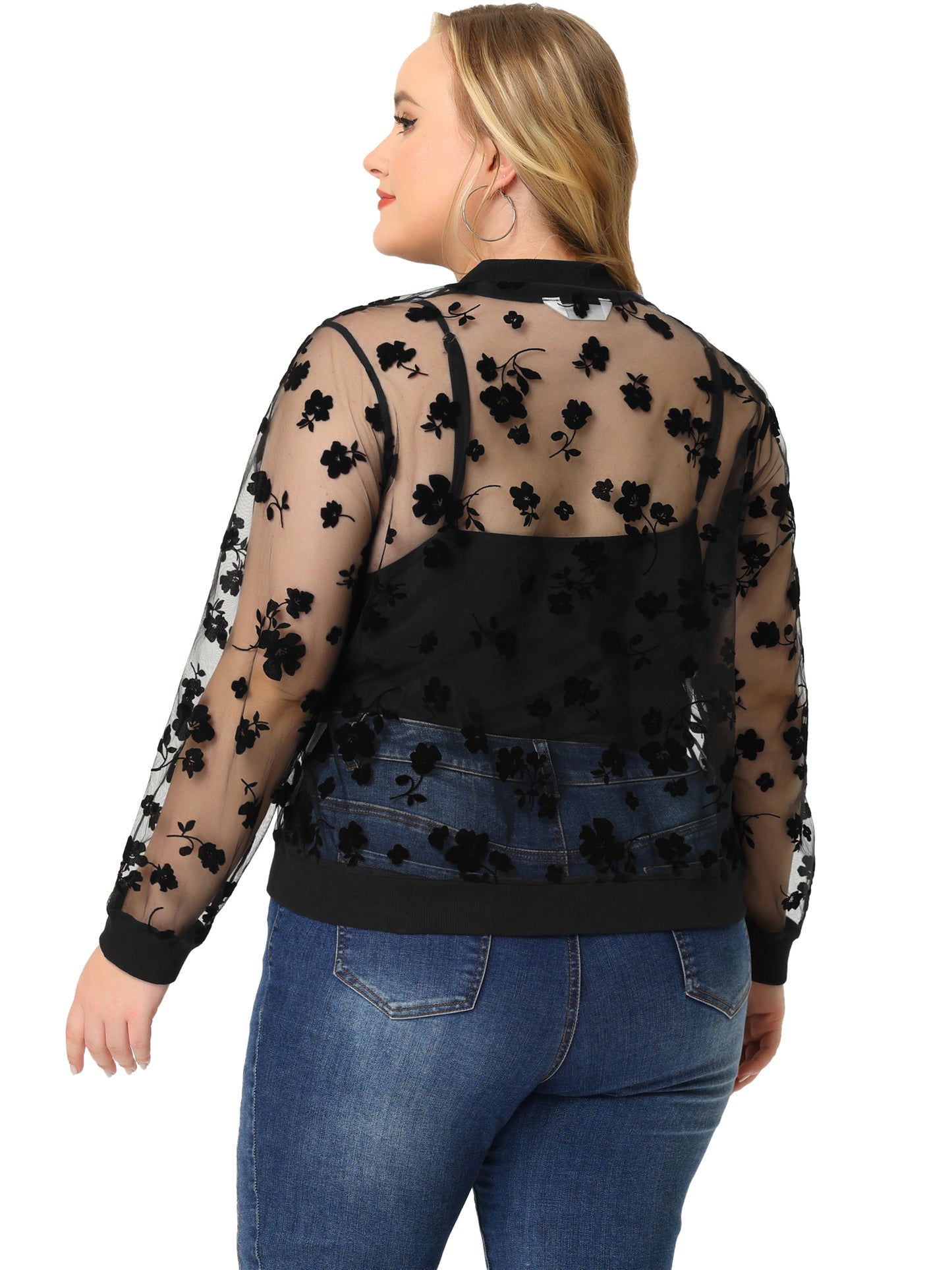 Women Plus Size Jacket Sheer Floral Lace Long Sleeve Baseball Jacket