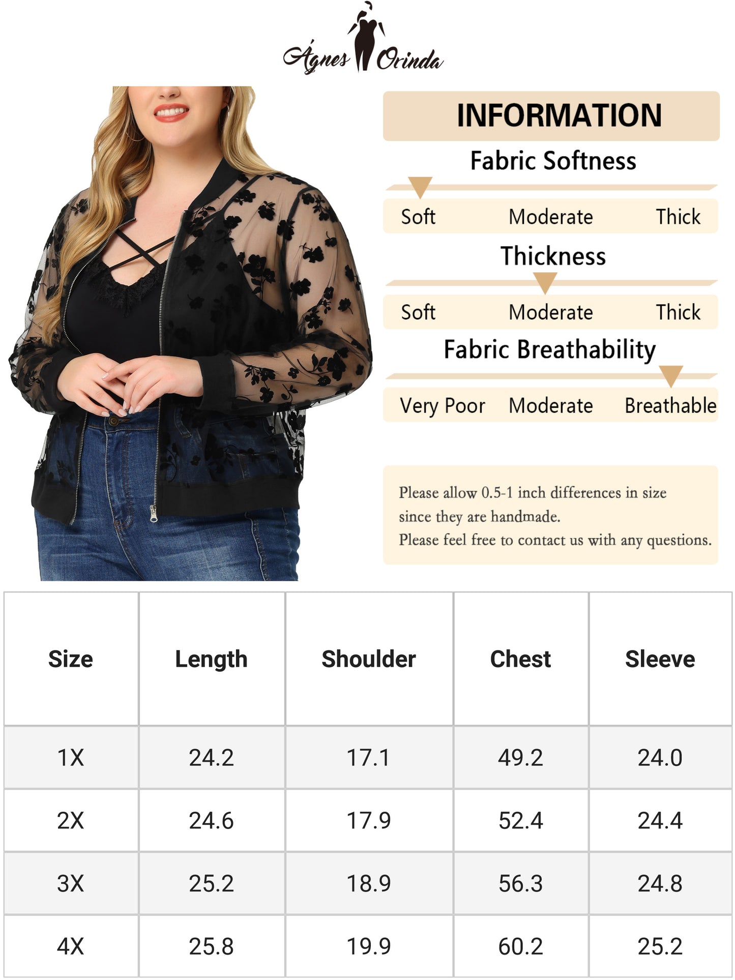 Women Plus Size Jacket Sheer Floral Lace Long Sleeve Baseball Jacket