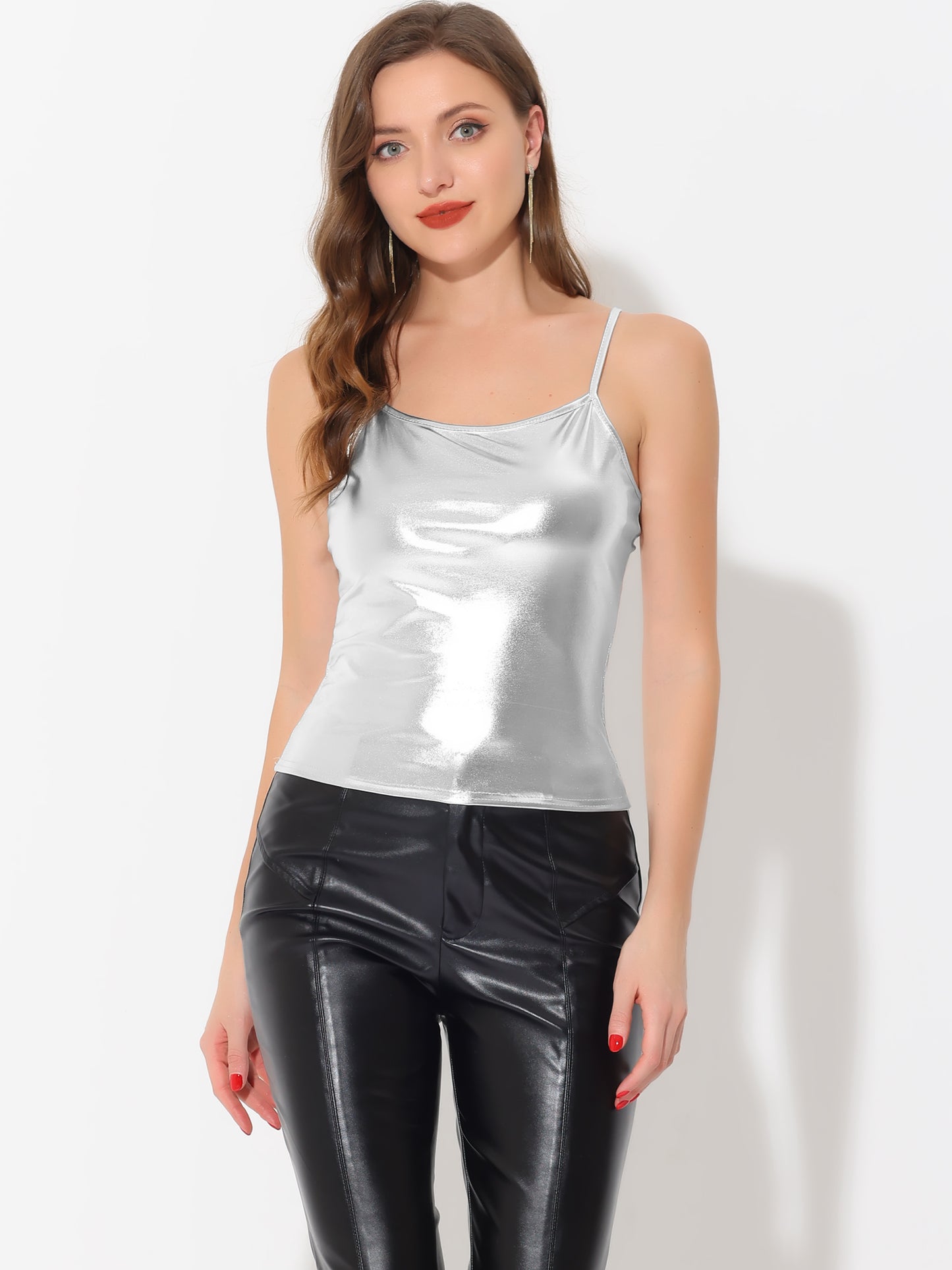 Women's Holographic Shiny Party Sleeveless Slim Fit Metallic Cami Top (Available in Plus Size)