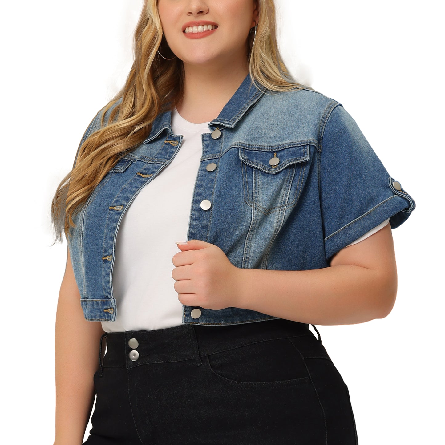 Women Plus Size Short Sleeve Denim Jacket Button Washed Cropped Jean Jacket