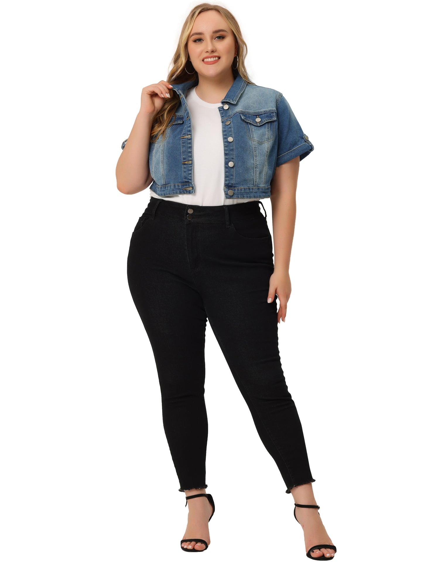 Women Plus Size Short Sleeve Denim Jacket Button Washed Cropped Jean Jacket