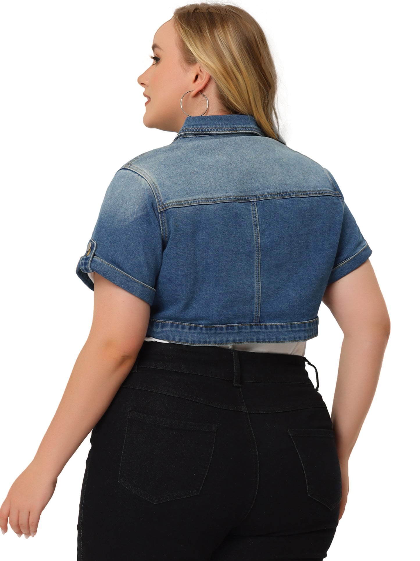 Women Plus Size Short Sleeve Denim Jacket Button Washed Cropped Jean Jacket