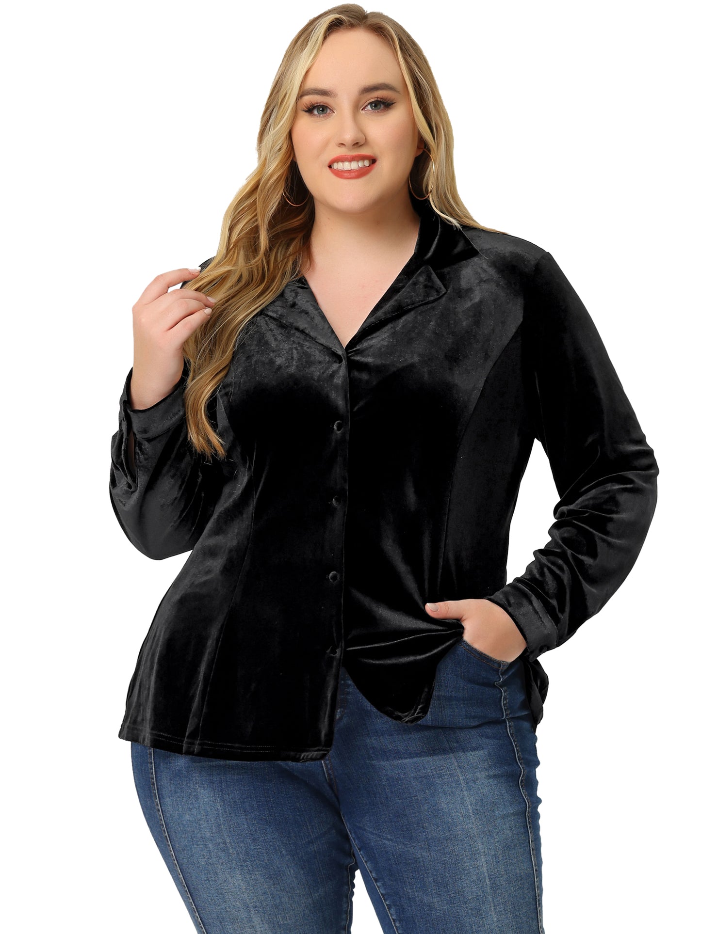 Women Plus Size Velvet Vintage Lapel Long Sleeve Button Down Shirt