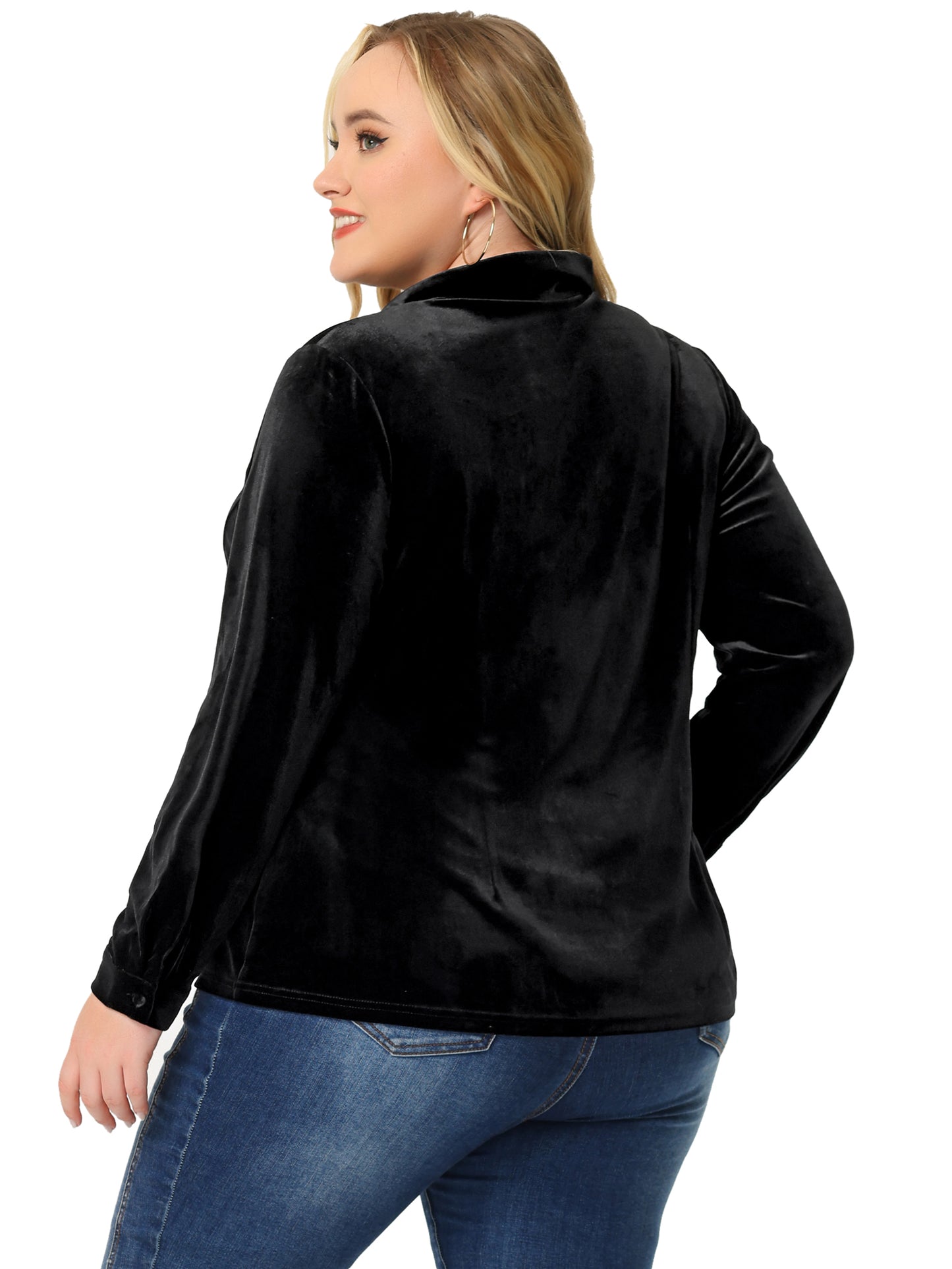 Women Plus Size Velvet Vintage Lapel Long Sleeve Button Down Shirt