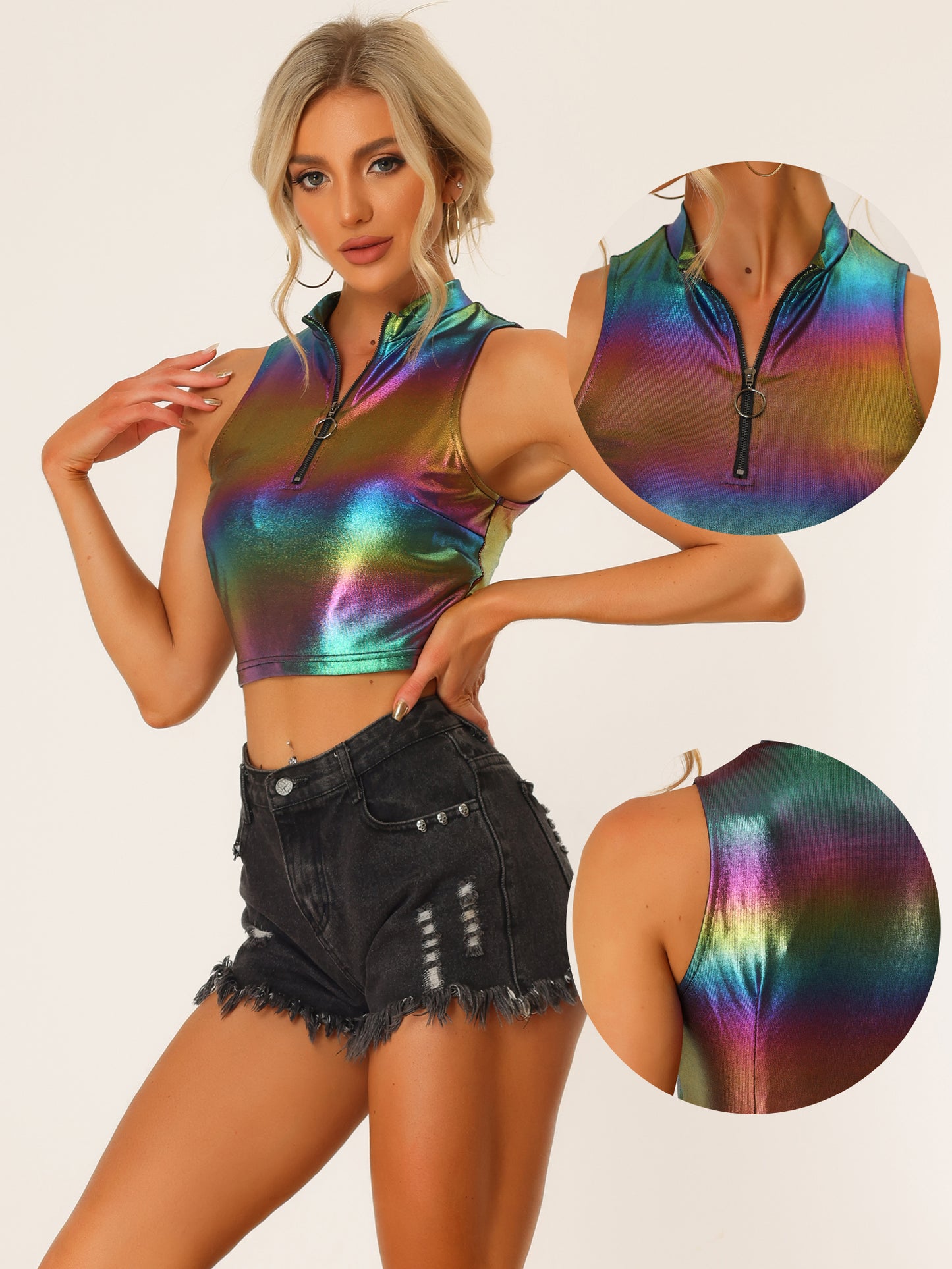 Women's Metallic Crop Top Mock Neck Zip Up Sleeveless Shiny Holographic Tank Top