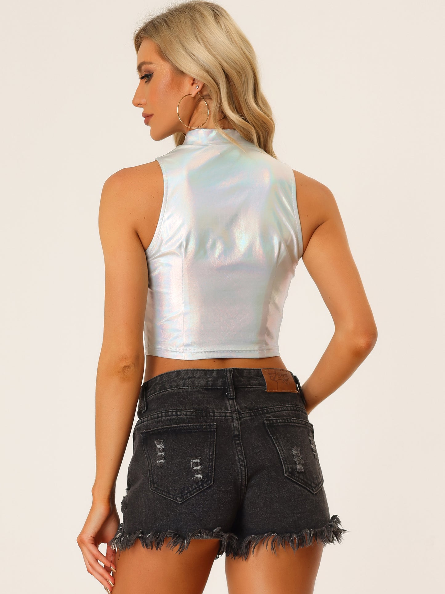 Women's Metallic Crop Top Mock Neck Zip Up Sleeveless Shiny Holographic Tank Top