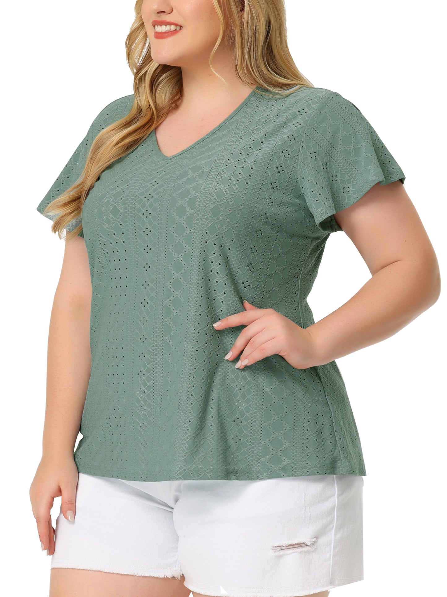 Women's Plus Size Summer Tee V Neck Hollow Flare Short Sleeve Casual Top Tunic
