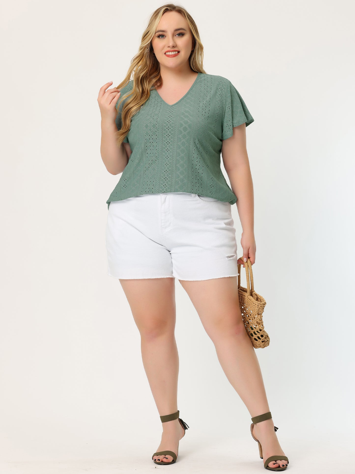 Women's Plus Size Summer Tee V Neck Hollow Flare Short Sleeve Casual Top Tunic