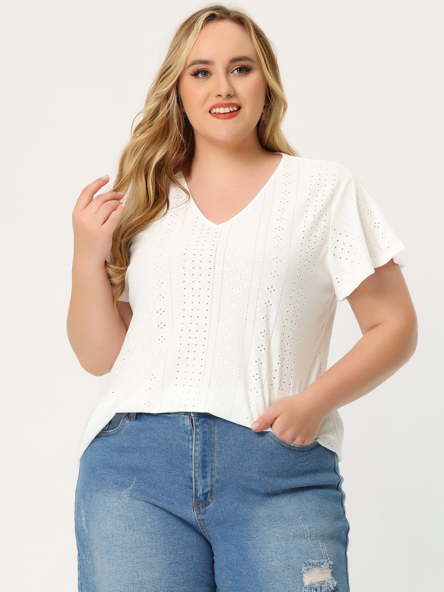 Women's Plus Size Summer Tee V Neck Hollow Flare Short Sleeve Casual Top Tunic