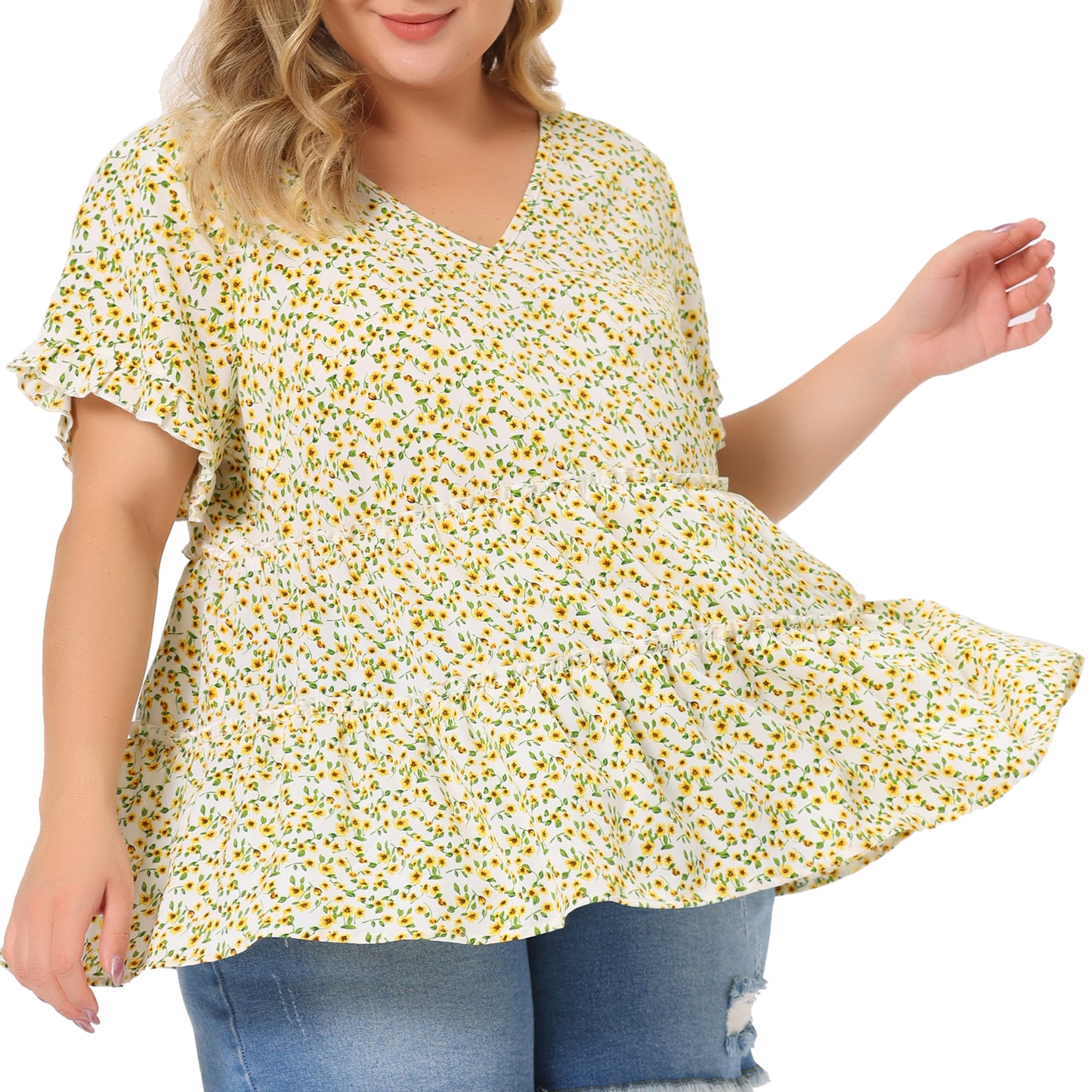 Women's Plus Size Blouse Summer Tops V Neck Short Sleeve Boho Floral Babydolls Blouse