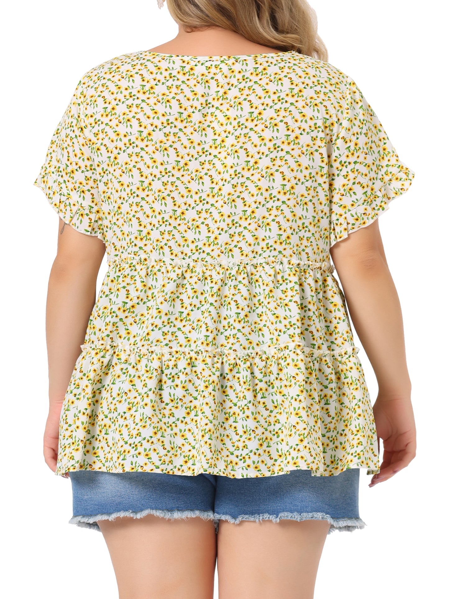 Women's Plus Size Blouse Summer Tops V Neck Short Sleeve Boho Floral Babydolls Blouse
