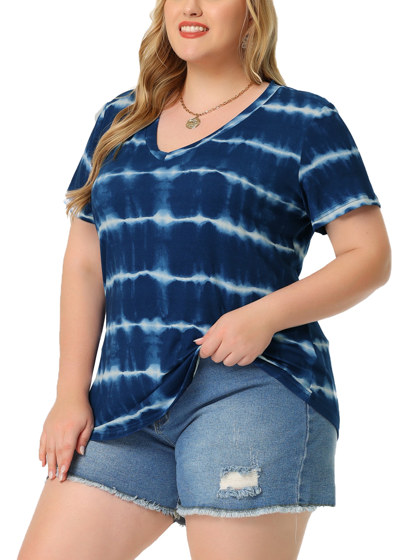Women's Plus Size Summer Top V Neck Short Sleeve Casual Tie Dye