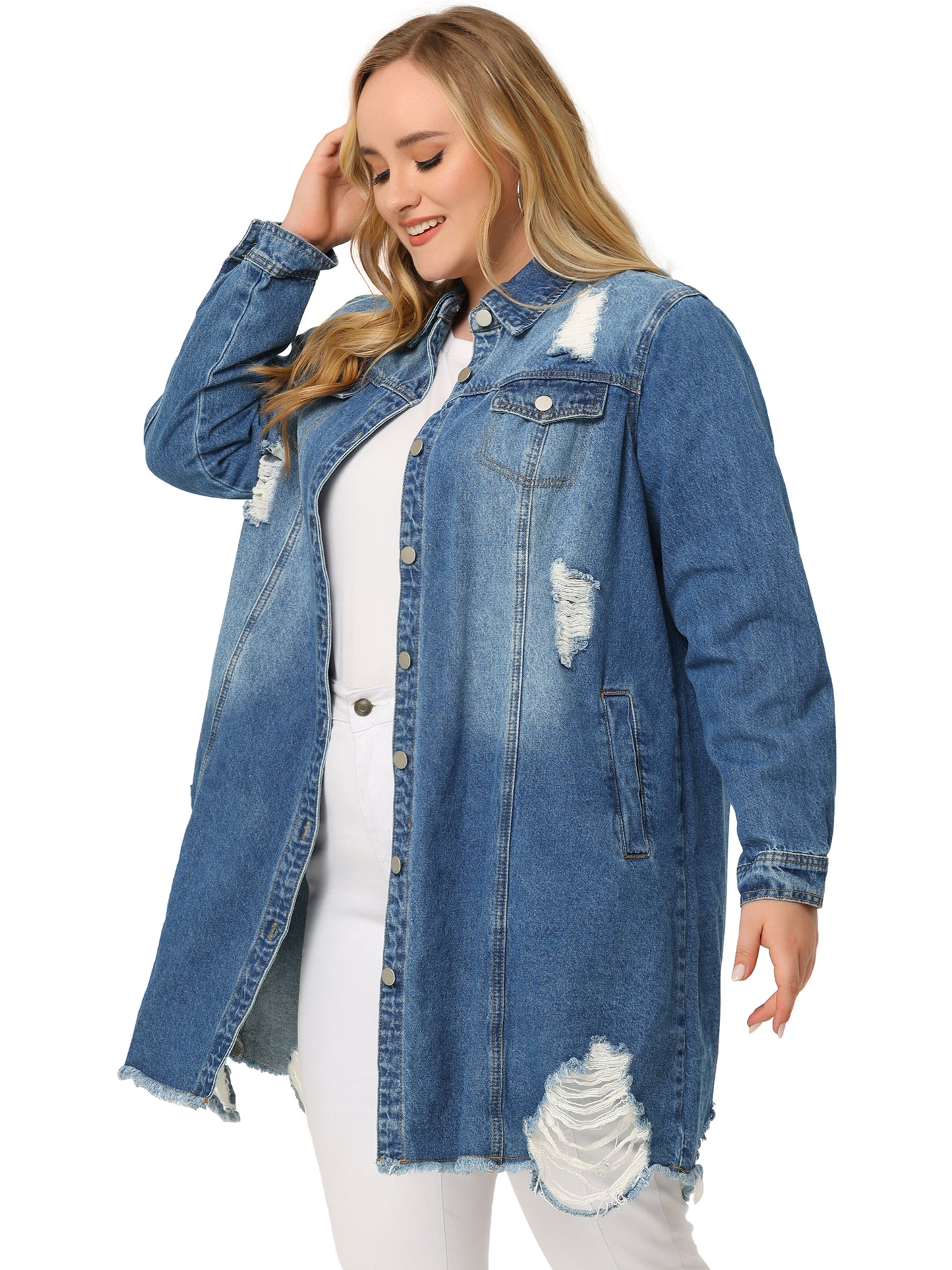 Women Plus Size Jean Jacket Distressed Long Sleeve Oversized Denim Trucker Jacket