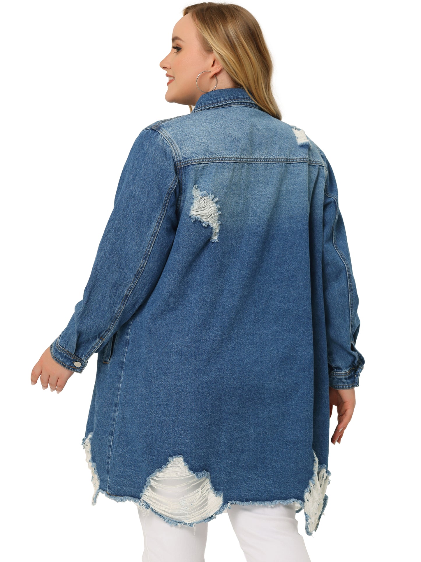 Women Plus Size Jean Jacket Distressed Long Sleeve Oversized Denim Trucker Jacket