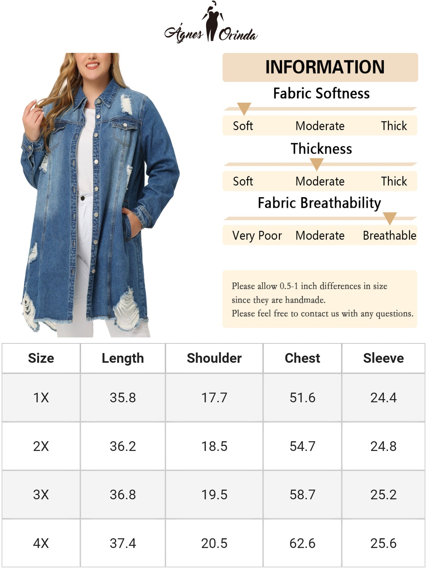 Women Plus Size Jean Jacket Distressed Long Sleeve Oversized Denim Trucker Jacket