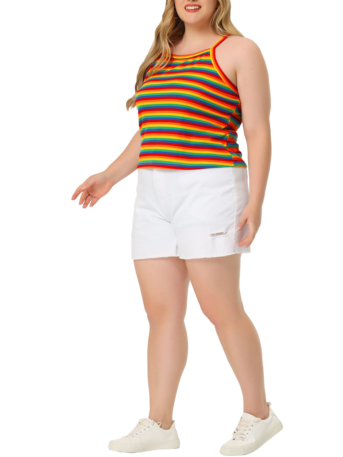 Women's Plus Size Cami Strap Rainbow Sleeveless Stretch Camisole Top