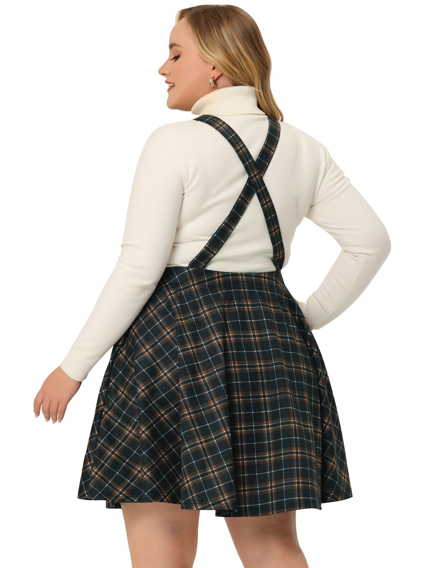 Women's Plus Size Casual Plaid Printed Overall Pinafore Dress Swing Adjustable Straps Dress