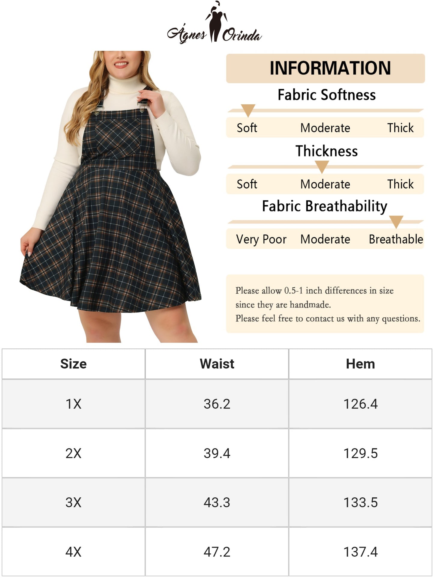 Women's Plus Size Casual Plaid Printed Overall Pinafore Dress Swing Adjustable Straps Dress
