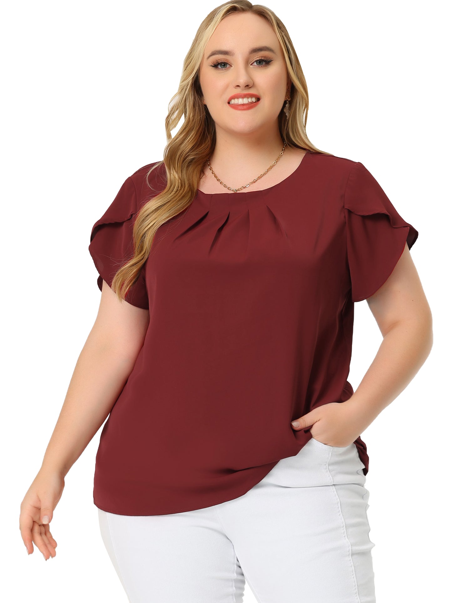 Women Plus Size Work Top Round Neck Pleated Tulip Sleeves Blouse Summer Top