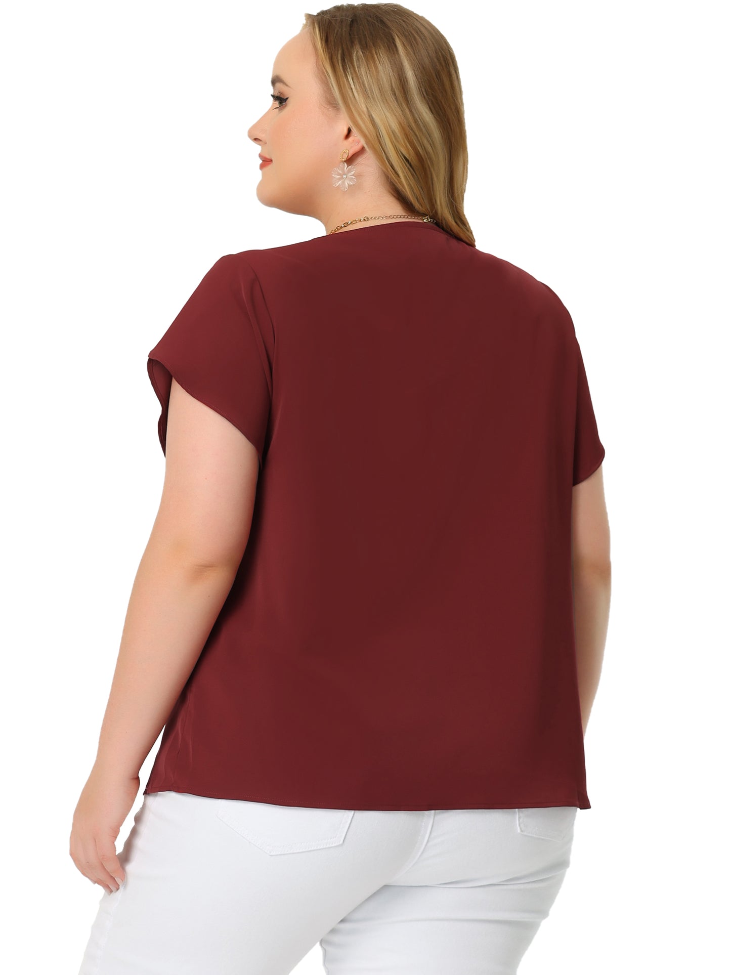 Women Plus Size Work Top Round Neck Pleated Tulip Sleeves Blouse Summer Top