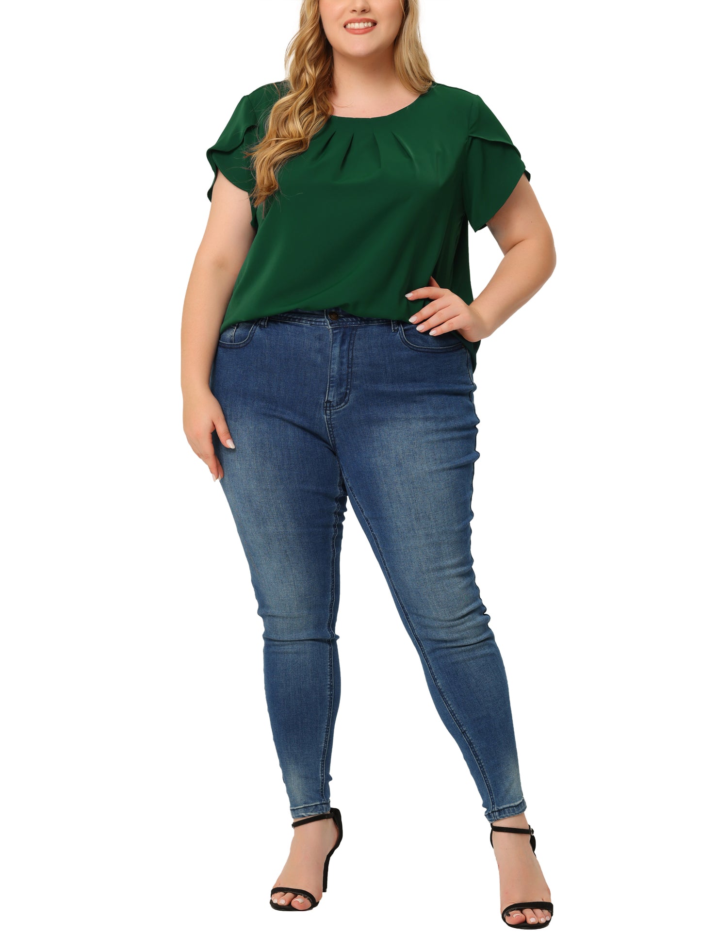 Women Plus Size Work Top Round Neck Pleated Tulip Sleeves Blouse Summer Top