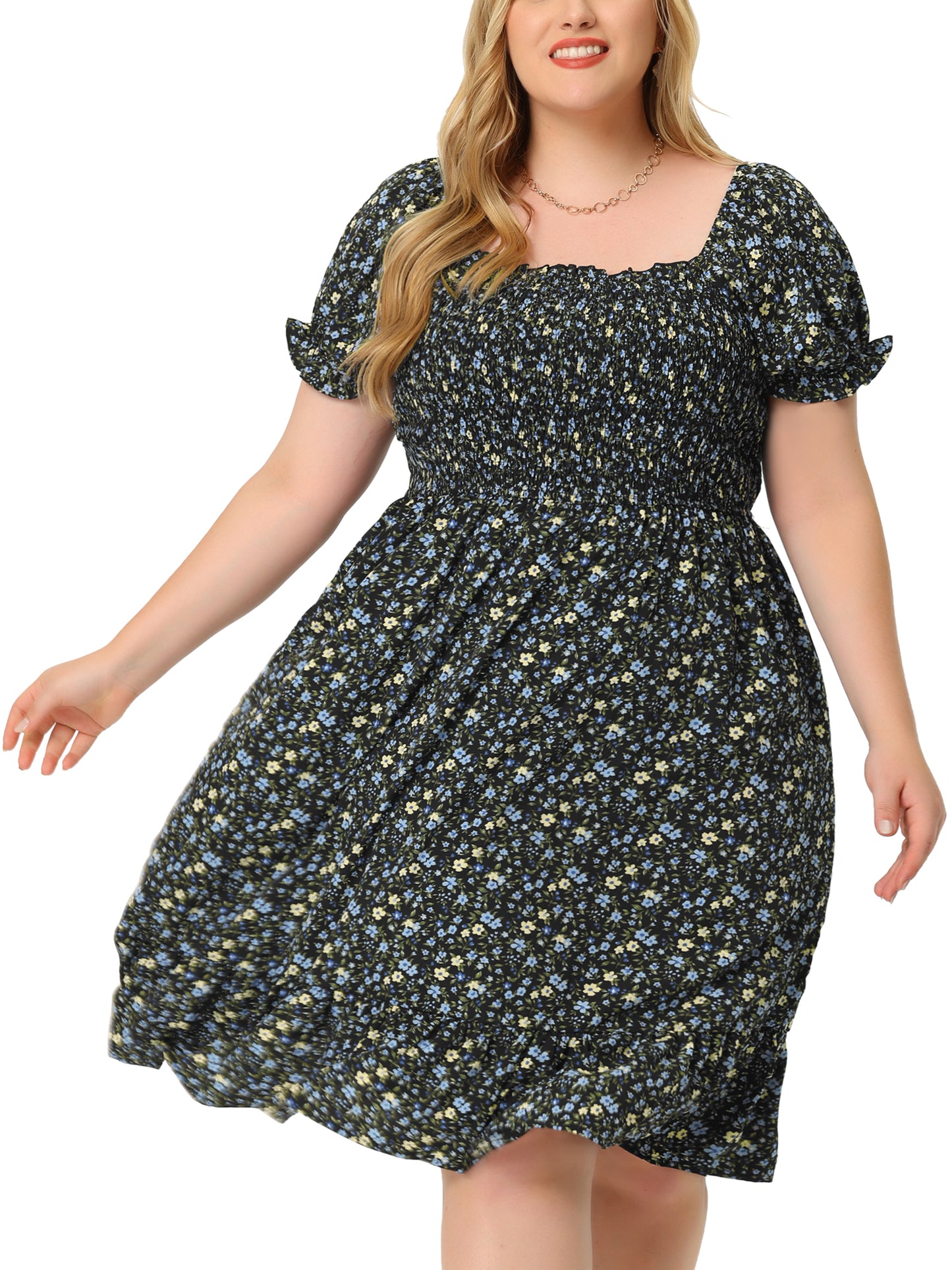 Women Plus Size Dress Ruffle Short Sleeve Flared Flowy Smock Floral Print Dress