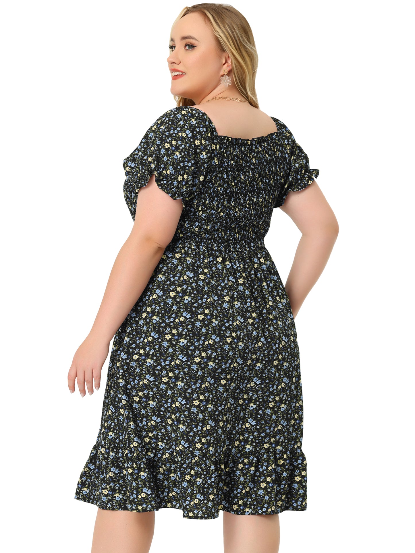 Women Plus Size Dress Ruffle Short Sleeve Flared Flowy Smock Floral Print Dress