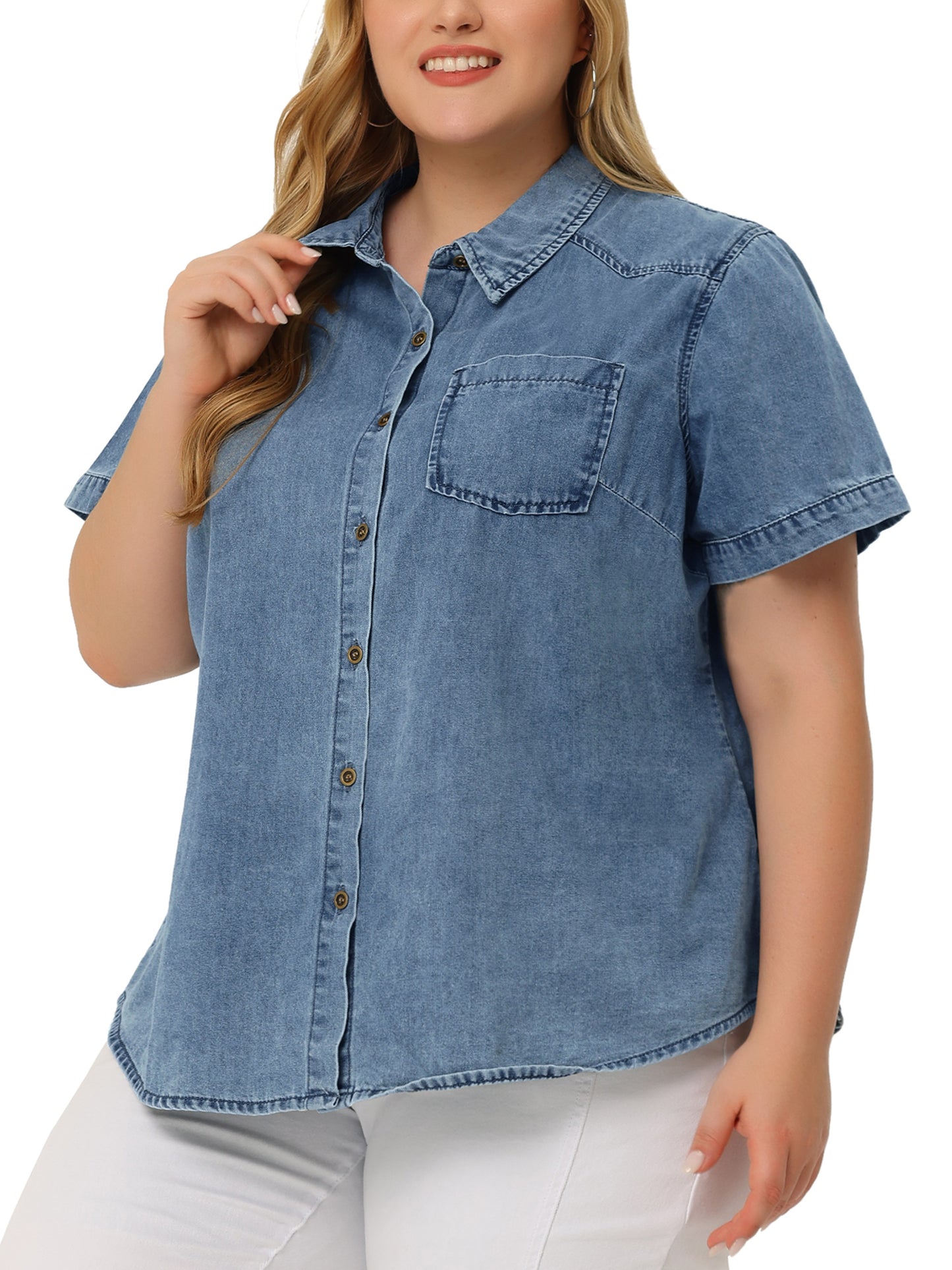 Women Plus Size Denim Shirt Jean Western Shirts Short Sleeve Button Down Top