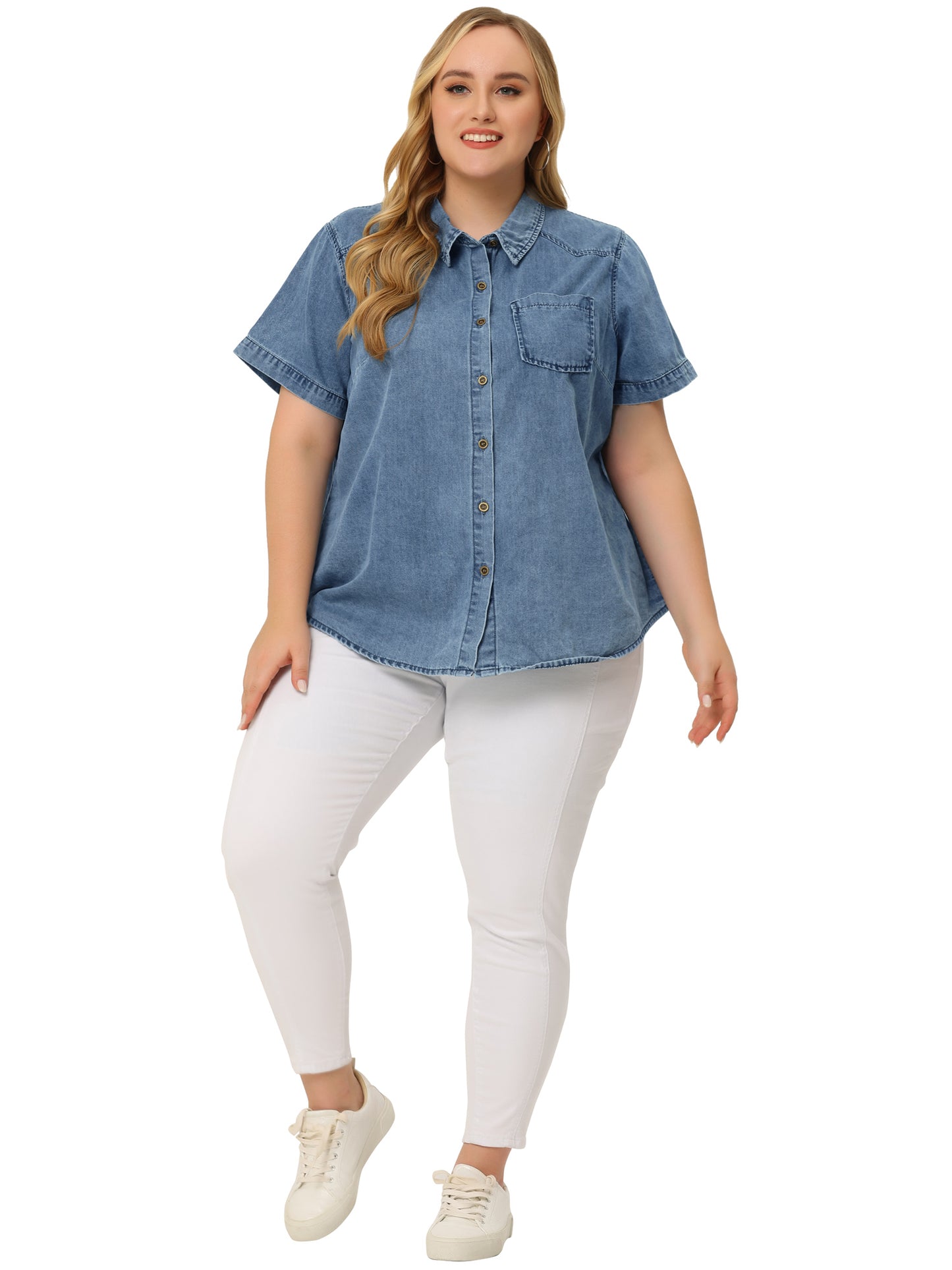Women Plus Size Denim Shirt Jean Western Shirts Short Sleeve Button Down Top