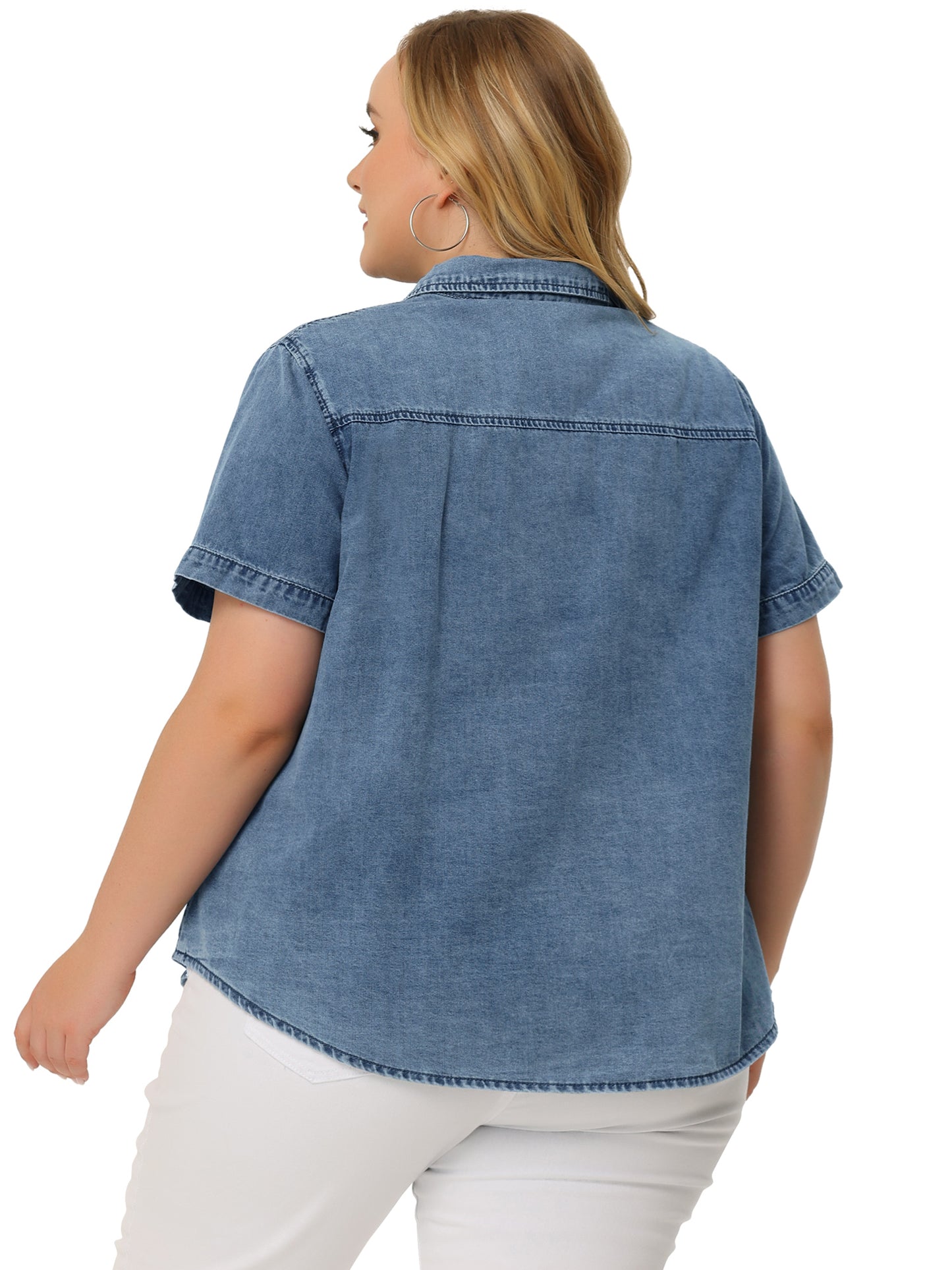 Women Plus Size Denim Shirt Jean Western Shirts Short Sleeve Button Down Top