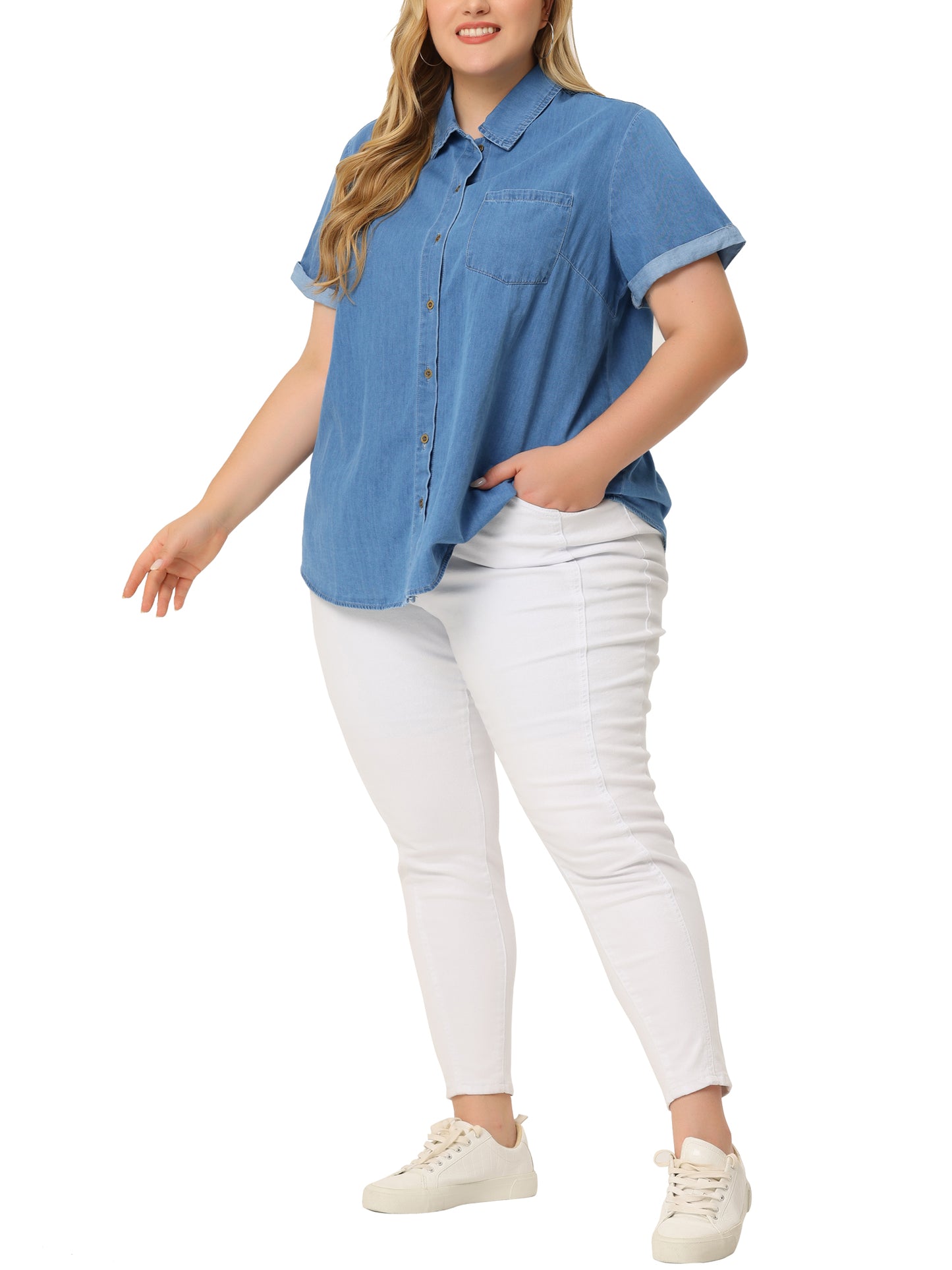 Women Plus Size Denim Shirt Roll Sleeve Top Chambray Button Down Shirt