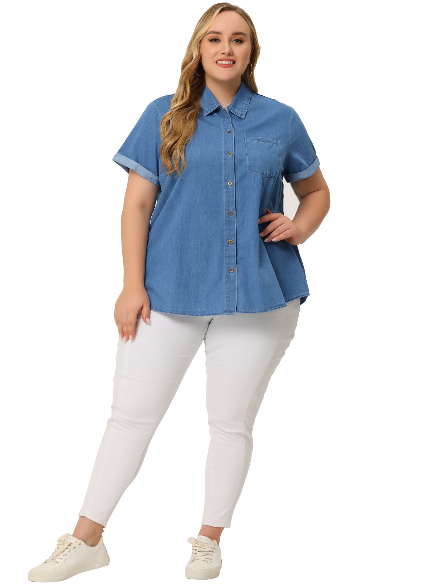 Women Plus Size Denim Shirt Roll Sleeve Top Chambray Button Down Shirt