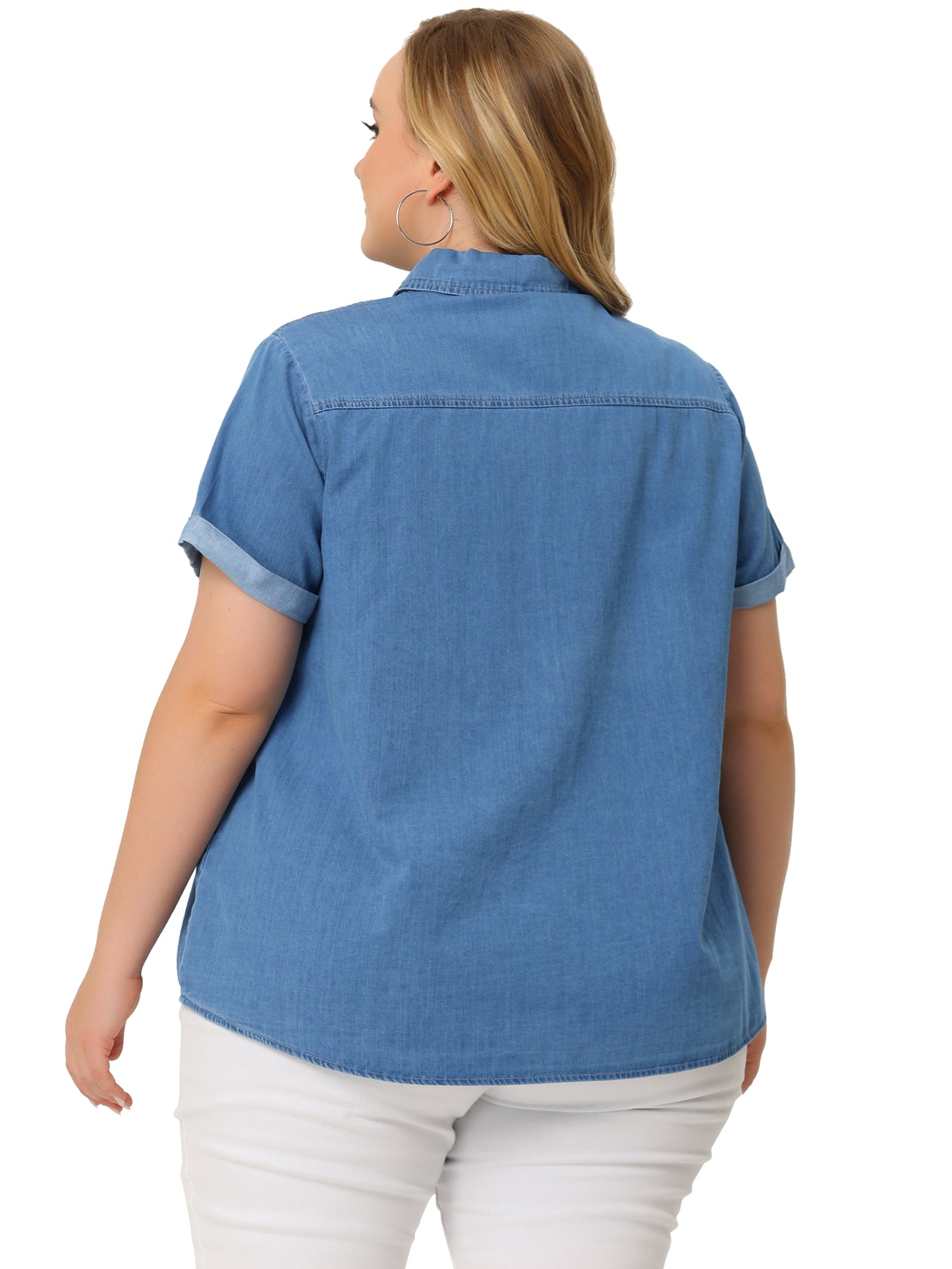 Women Plus Size Denim Shirt Roll Sleeve Top Chambray Button Down Shirt