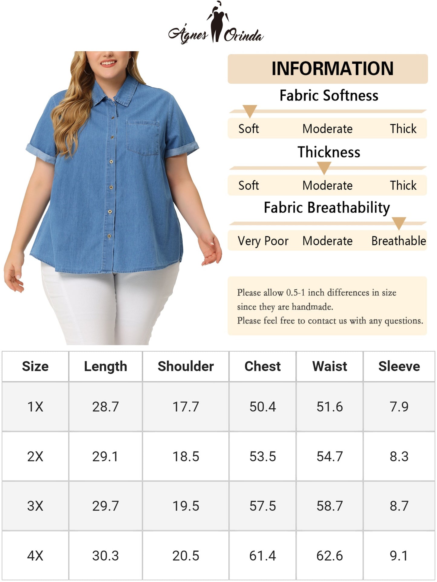 Women Plus Size Denim Shirt Roll Sleeve Top Chambray Button Down Shirt