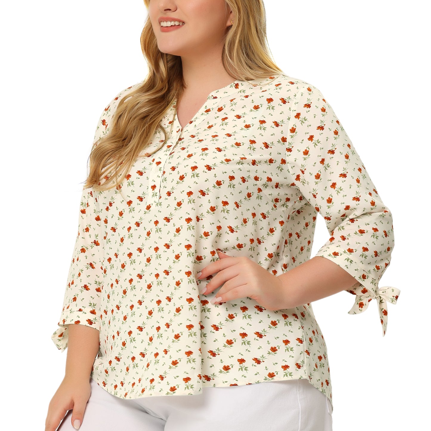 Women's Plus Size Top Notched Neck 3/4 Sleeve Floral Blouses Top