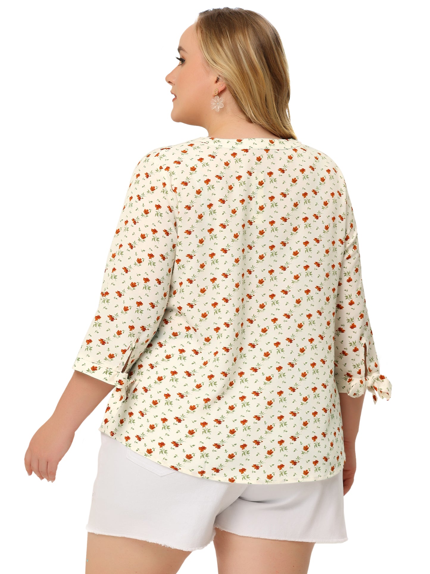 Women's Plus Size Top Notched Neck 3/4 Sleeve Floral Blouses Top