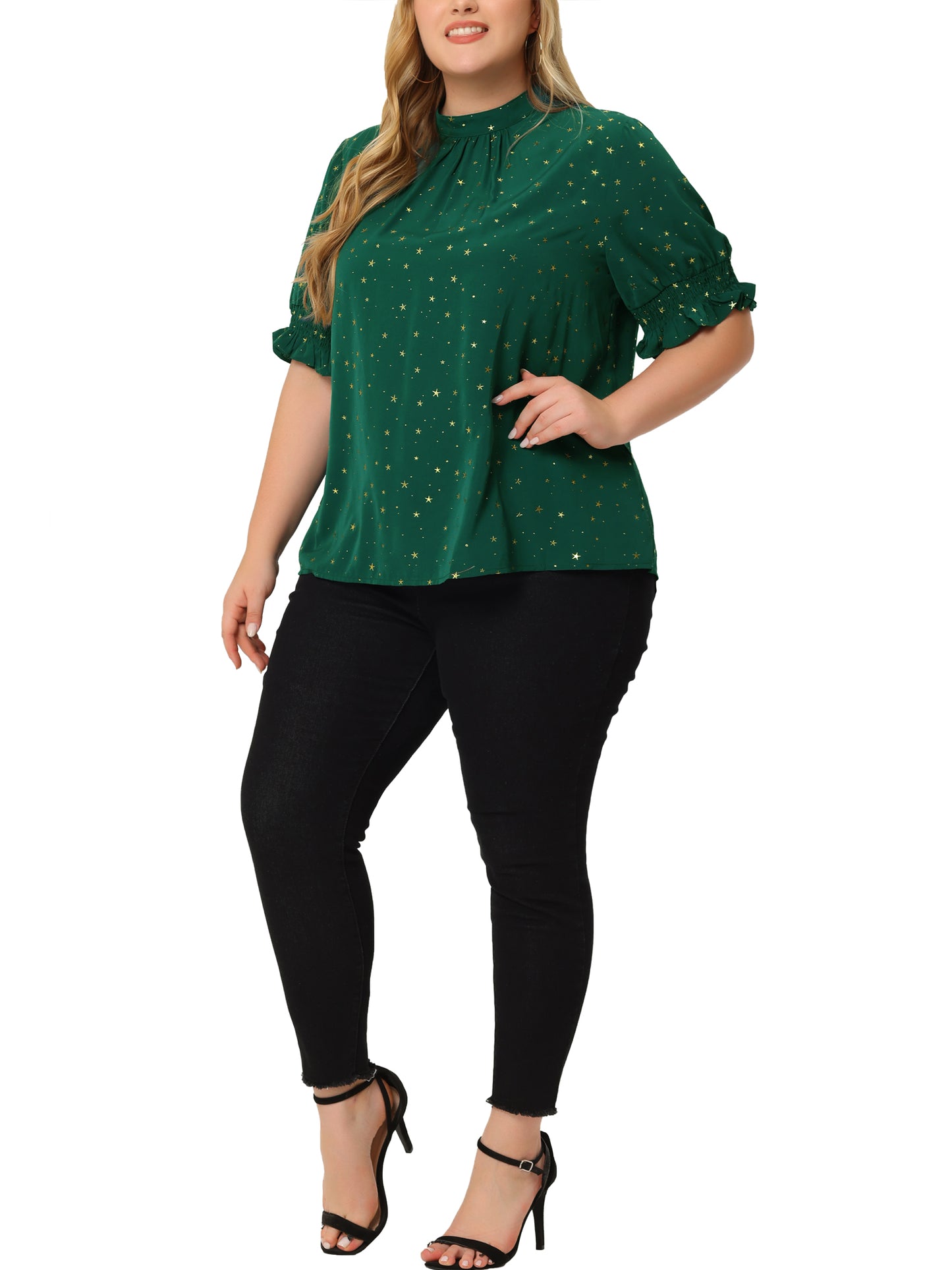 Women Plus Size Blouse Work Office Pleated Mock Neck Star Print Puff Sleeve Top