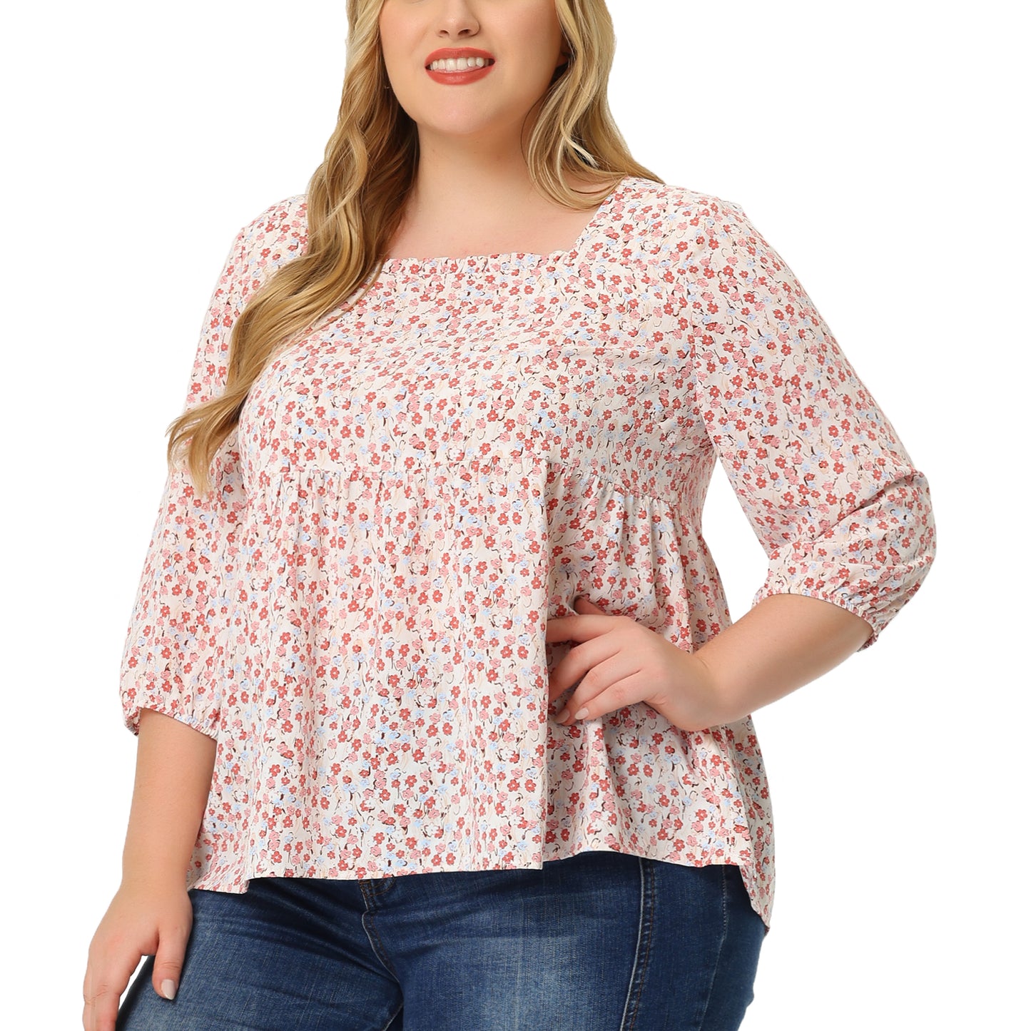 Women Plus Size Blouse 3/4 Sleeve Floral Peplum Babydoll Top