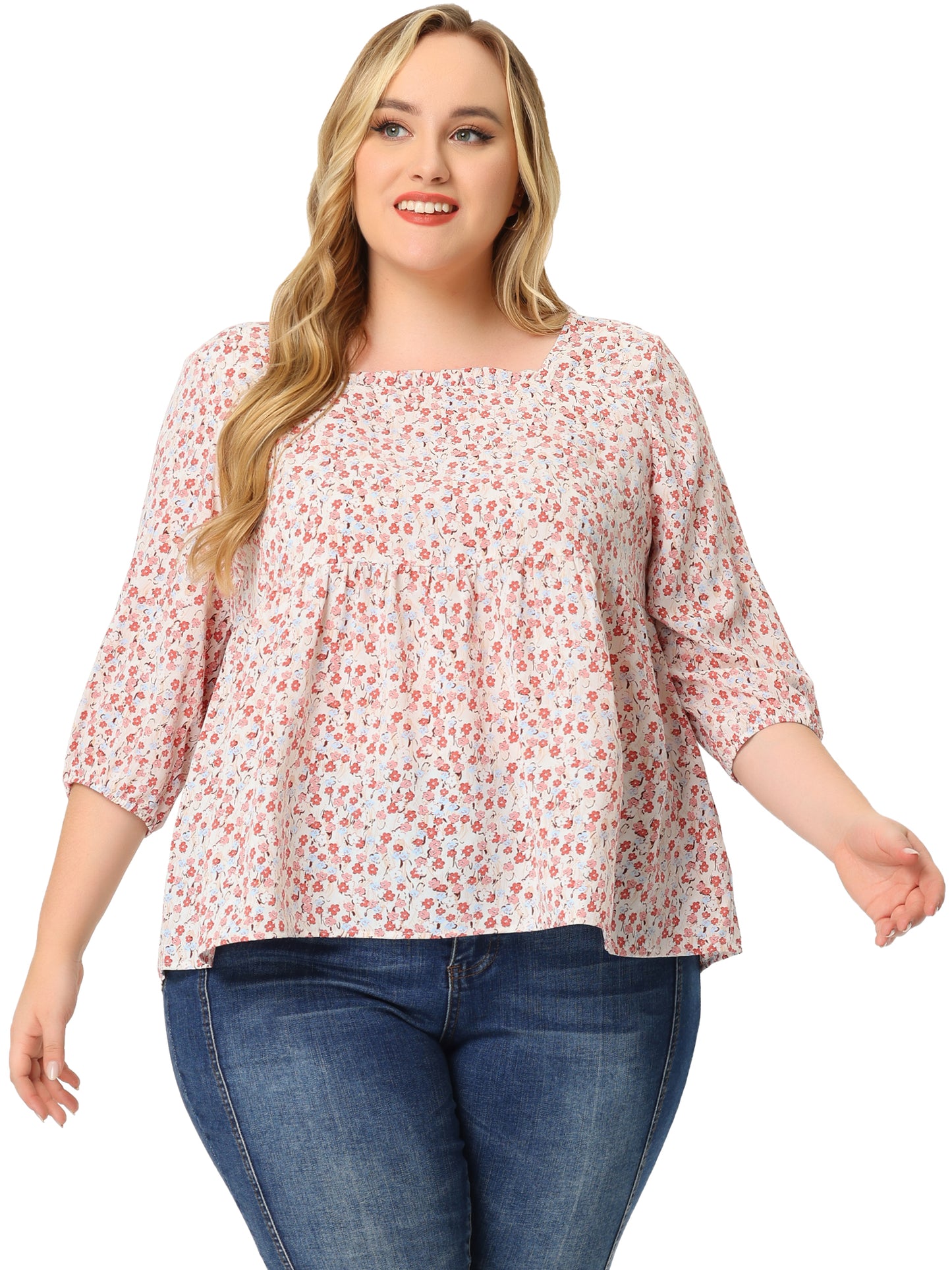Women Plus Size Blouse 3/4 Sleeve Floral Peplum Babydoll Top