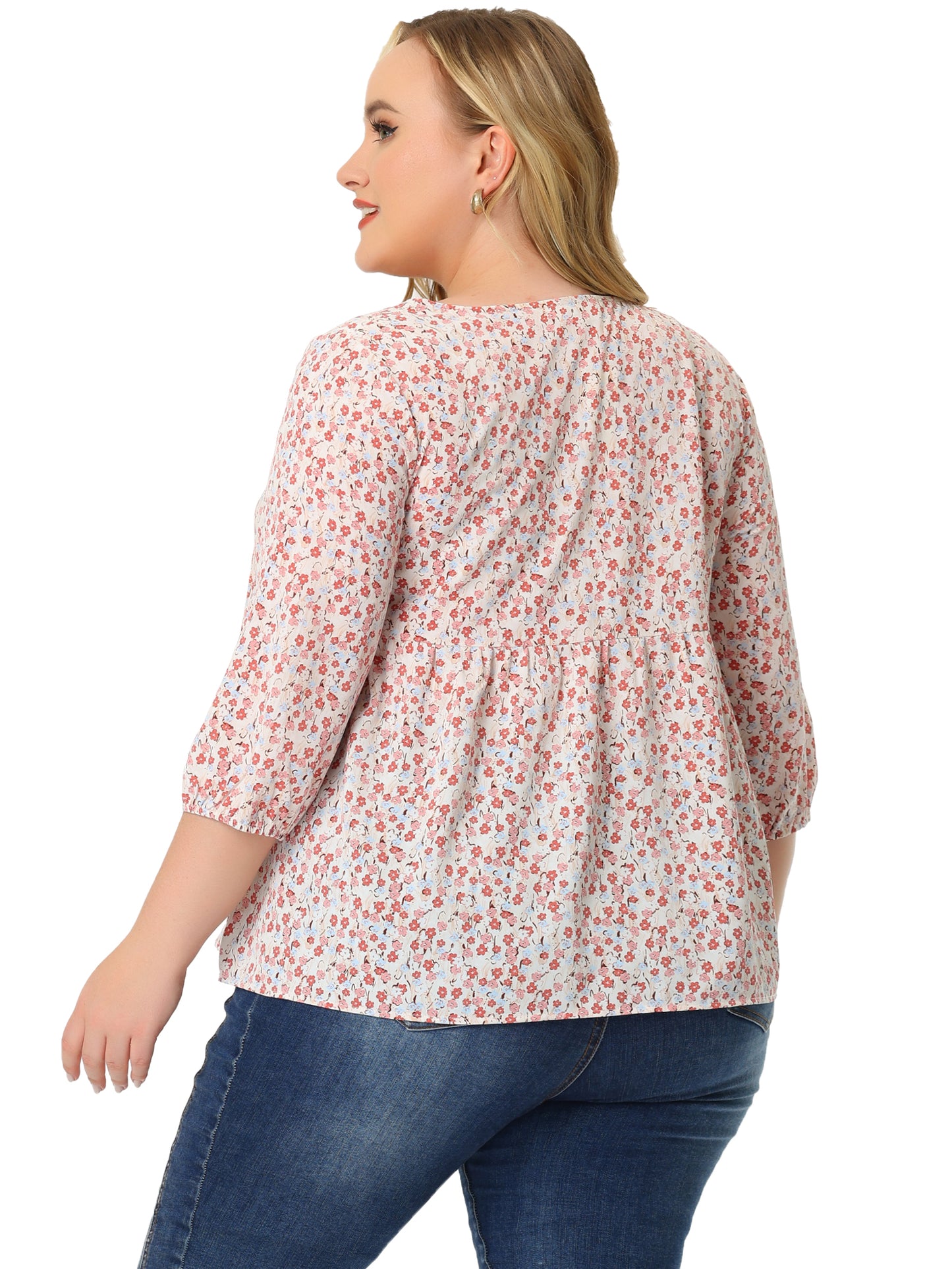 Women Plus Size Blouse 3/4 Sleeve Floral Peplum Babydoll Top