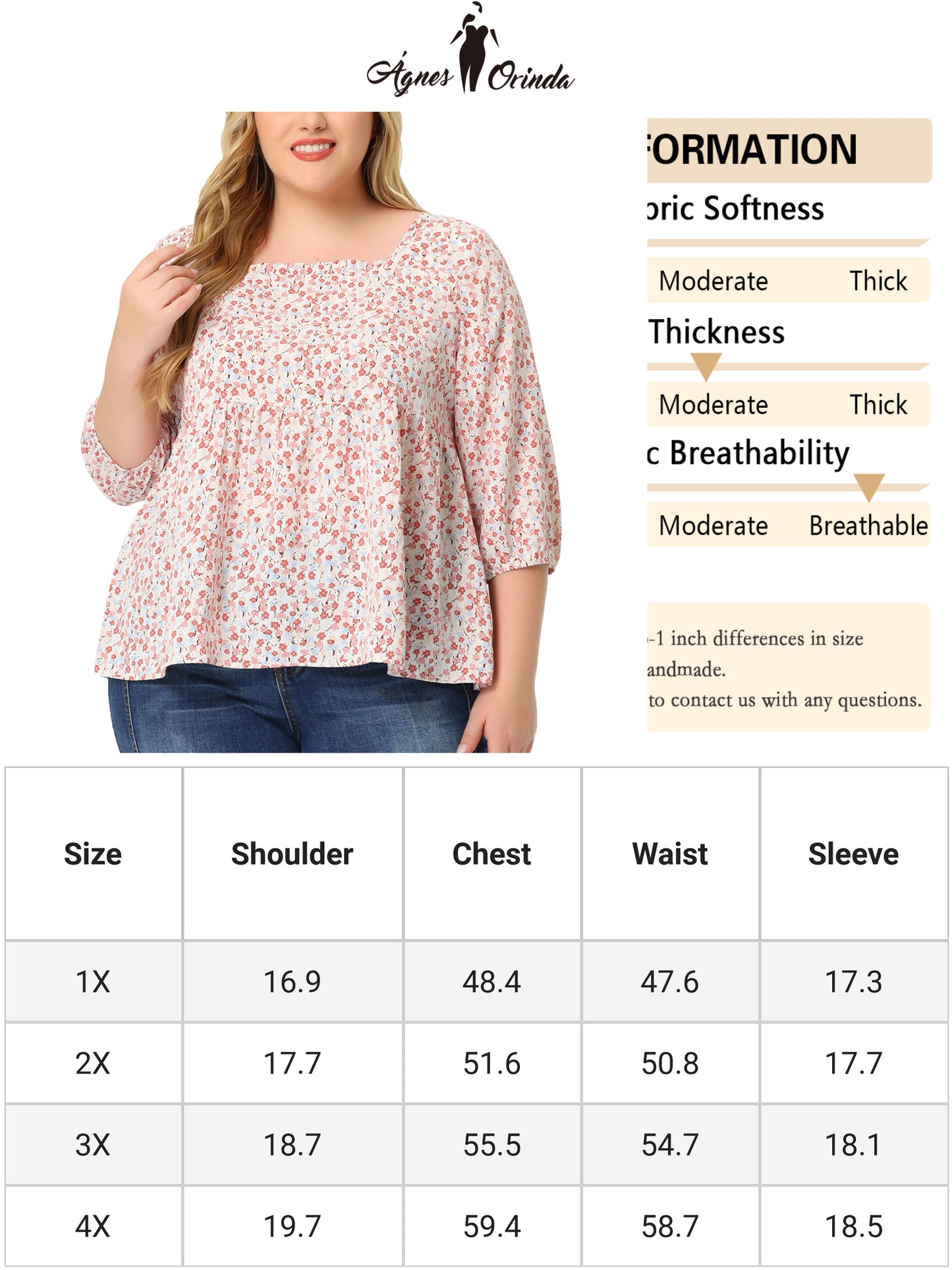 Women Plus Size Blouse 3/4 Sleeve Floral Peplum Babydoll Top