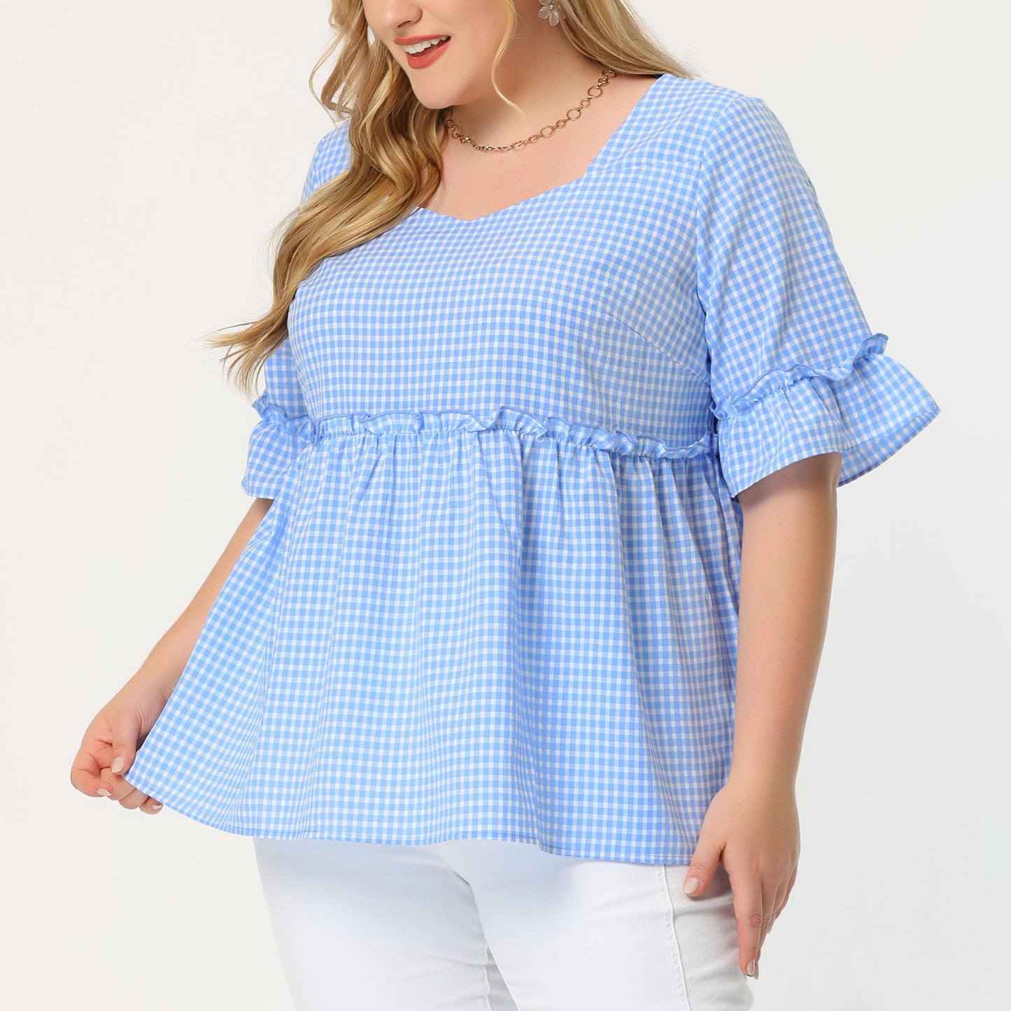Women Plus Size Gingham Top Sweetheart Plaid Summer Neck Ruffle Sleeve Babydolls Blouse