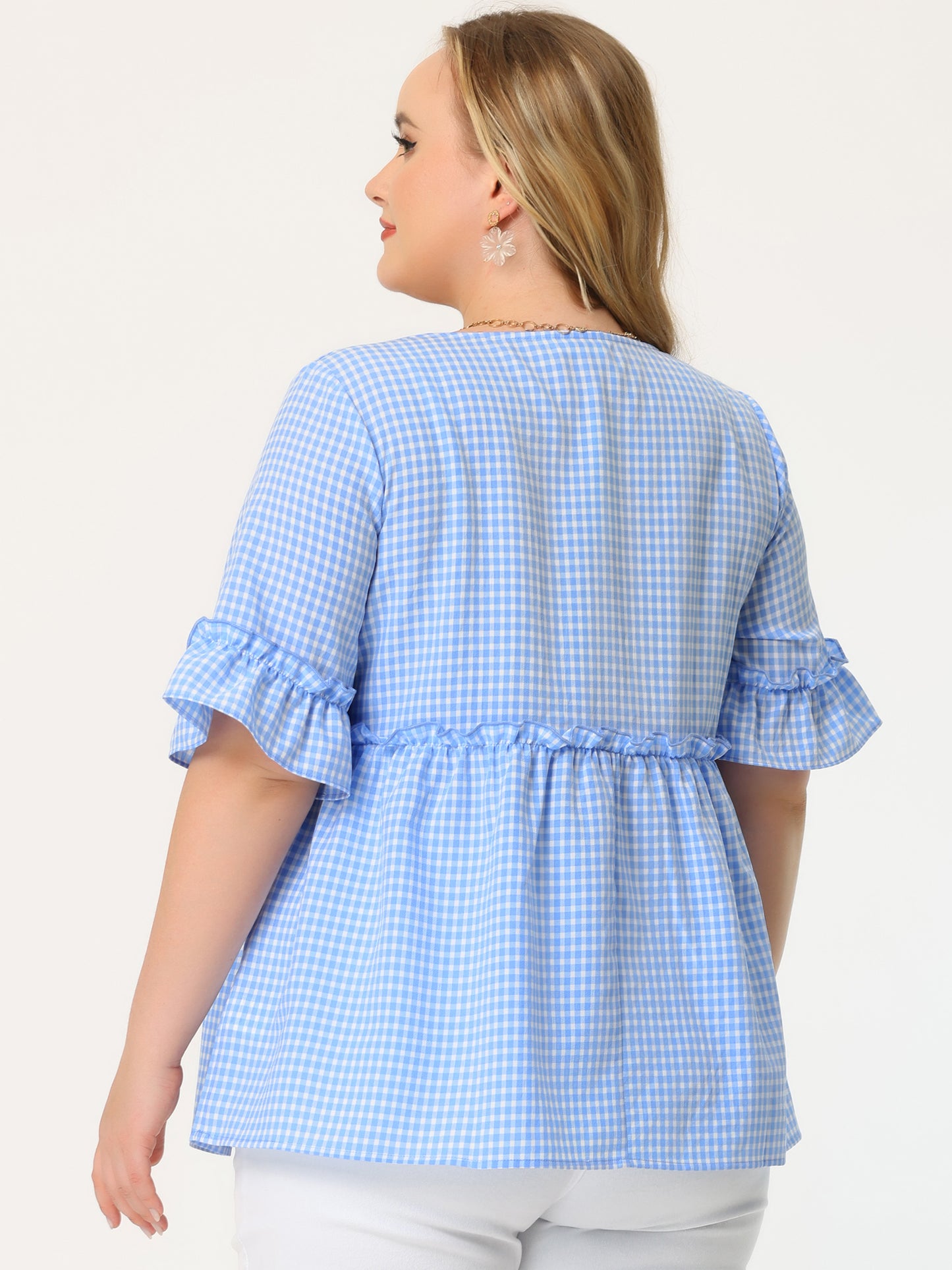 Women Plus Size Gingham Top Sweetheart Plaid Summer Neck Ruffle Sleeve Babydolls Blouse