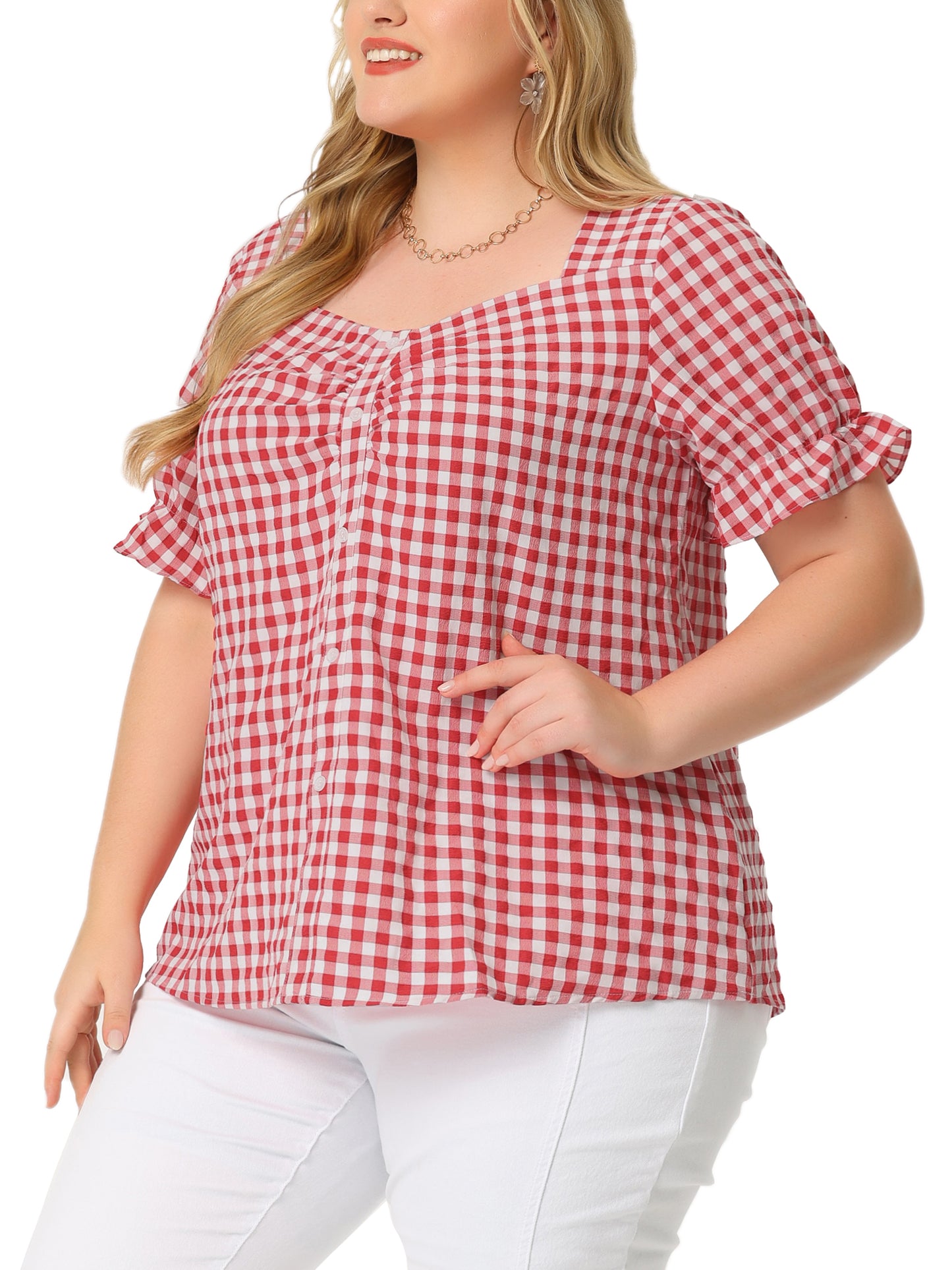 Women's Plus Size Gingham Tops Vintage Sweetheart V Neck Puff Short Sleeve Summer Blouse Top