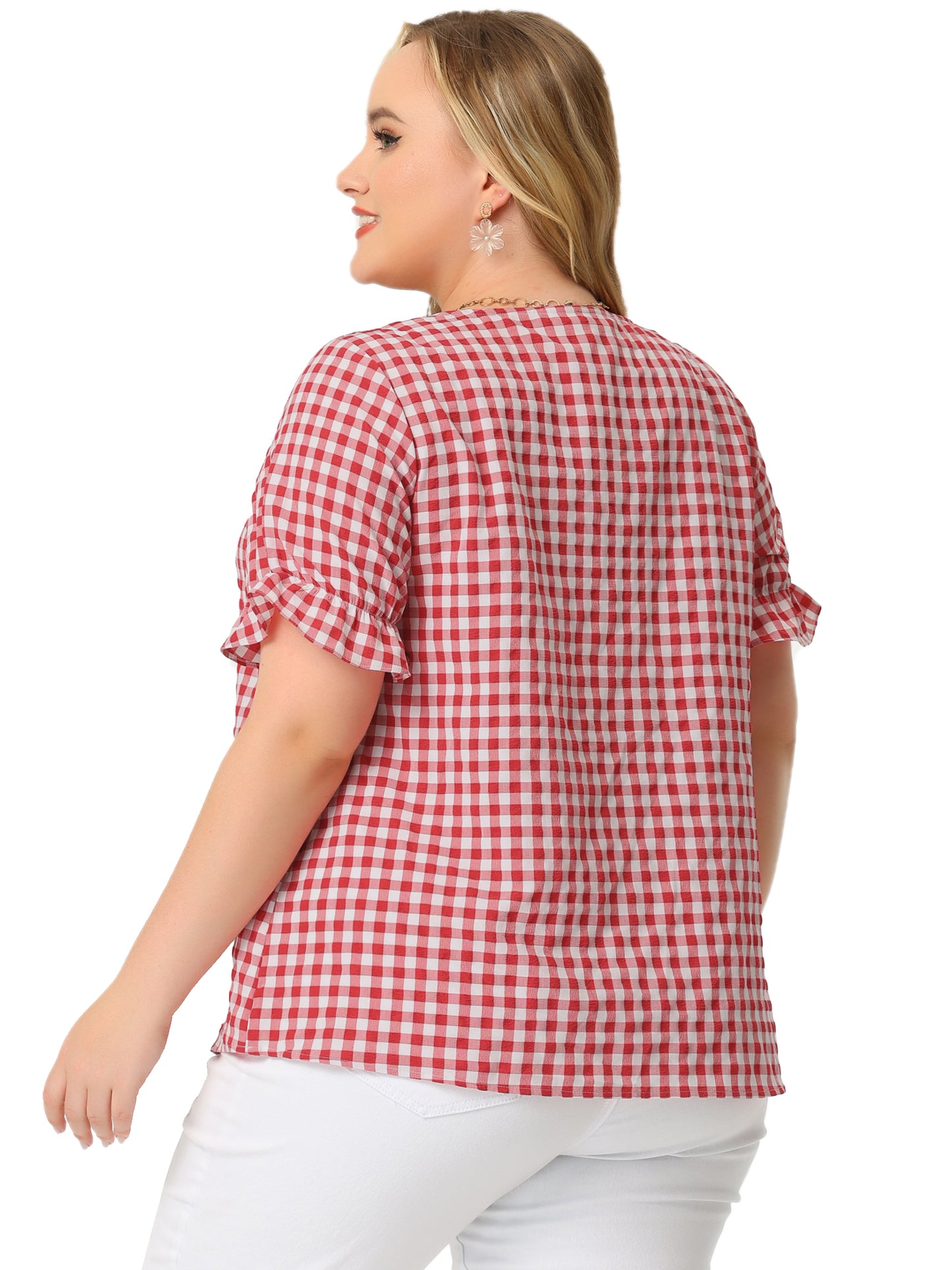 Women's Plus Size Gingham Tops Vintage Sweetheart V Neck Puff Short Sleeve Summer Blouse Top